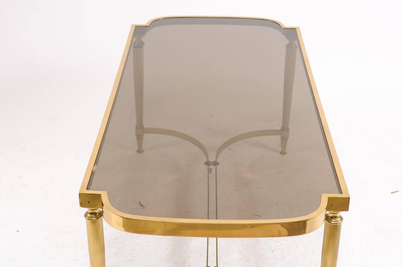 French Midcentury Modern Bronze Coffee Table with Smoked Glass and Reeded Legs In Good Condition In Atlanta, GA