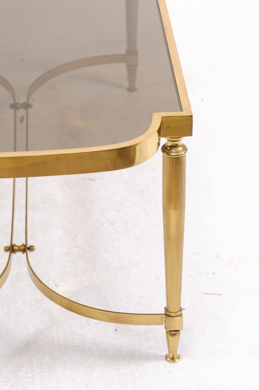 20th Century French Midcentury Modern Bronze Coffee Table with Smoked Glass and Reeded Legs
