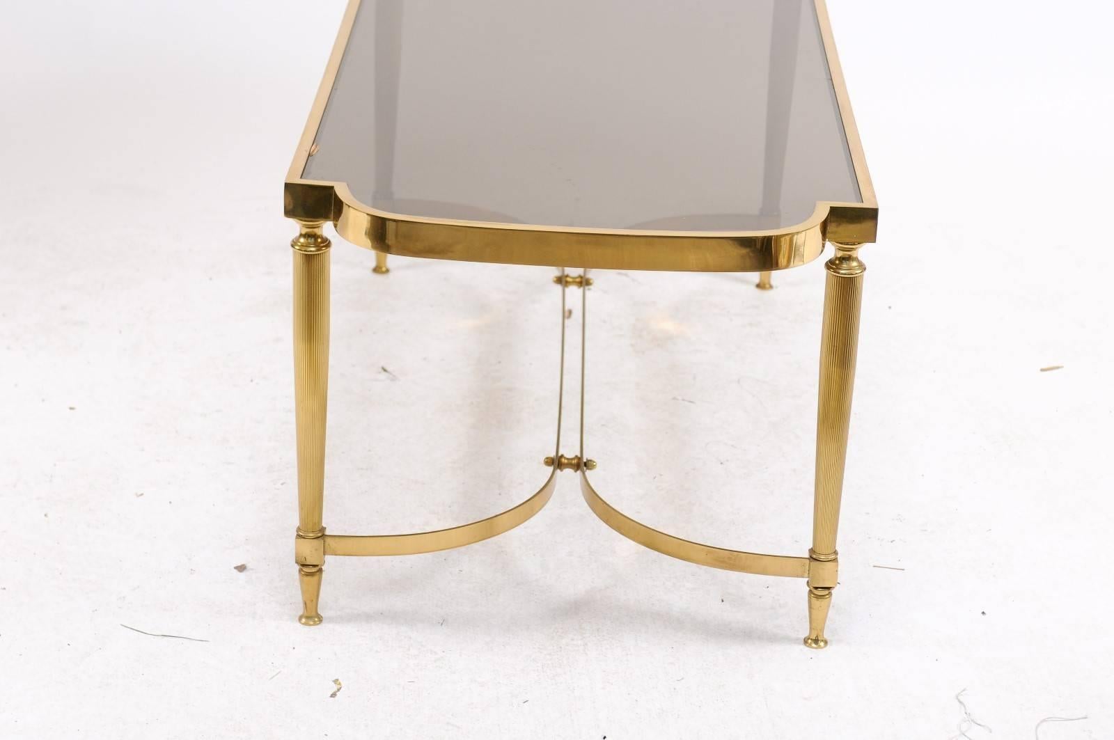 French Midcentury Modern Bronze Coffee Table with Smoked Glass and Reeded Legs 1