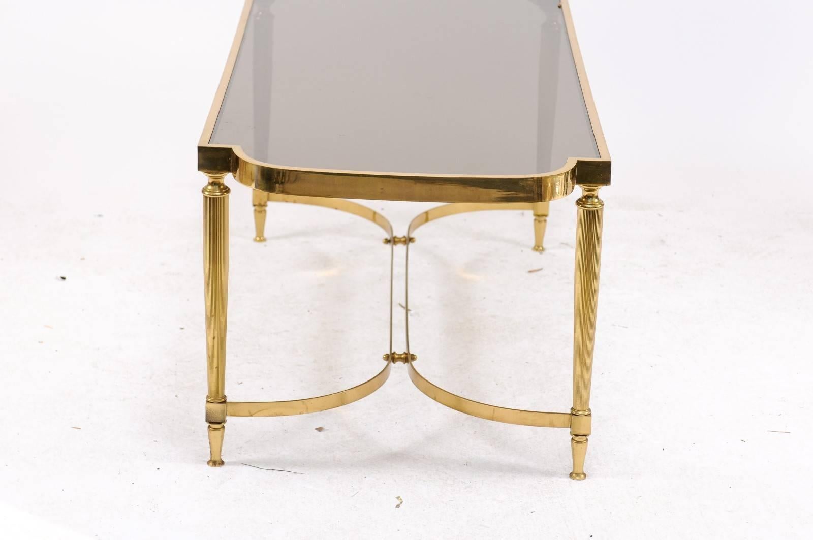 French Midcentury Modern Bronze Coffee Table with Smoked Glass and Reeded Legs 2
