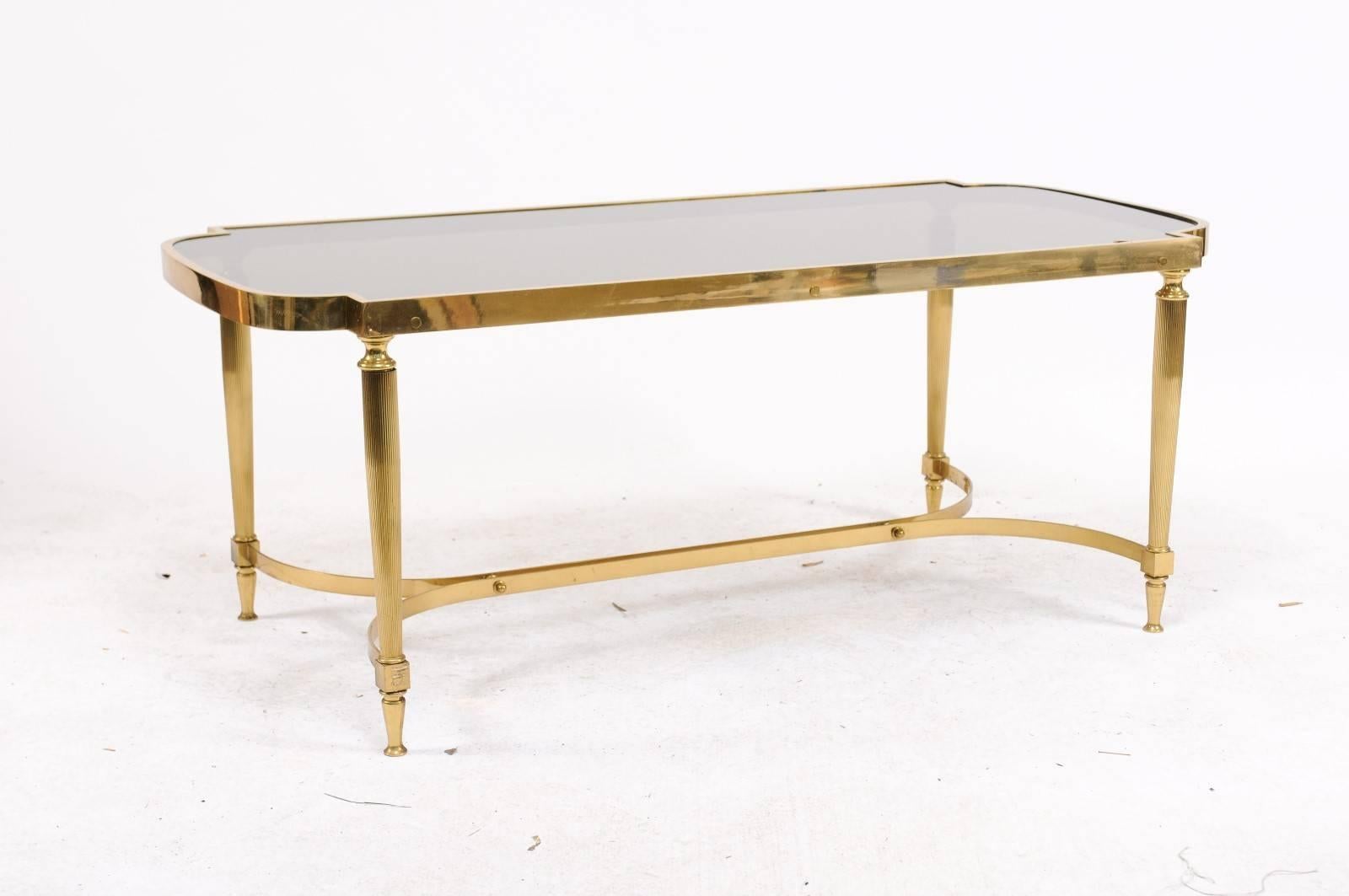 French Midcentury Modern Bronze Coffee Table with Smoked Glass and Reeded Legs 3