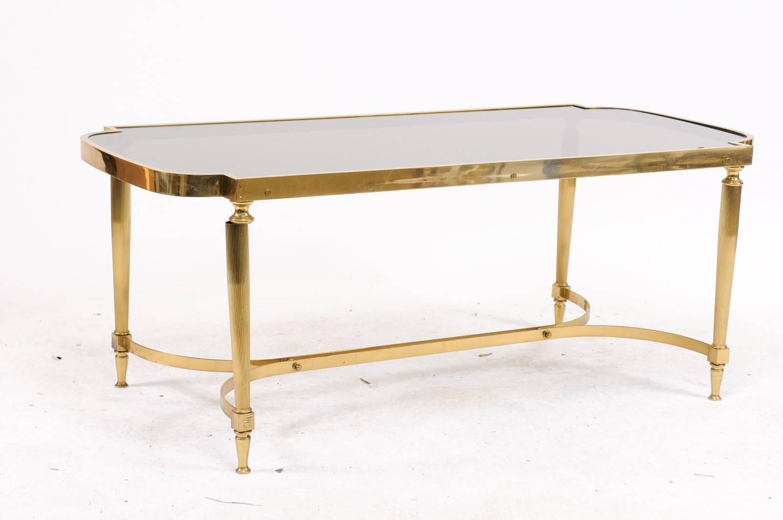 French Midcentury Modern Bronze Coffee Table with Smoked Glass and Reeded Legs 4
