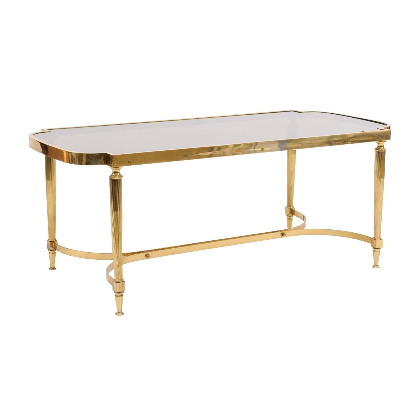French Midcentury Modern Bronze Coffee Table with Smoked Glass and Reeded Legs