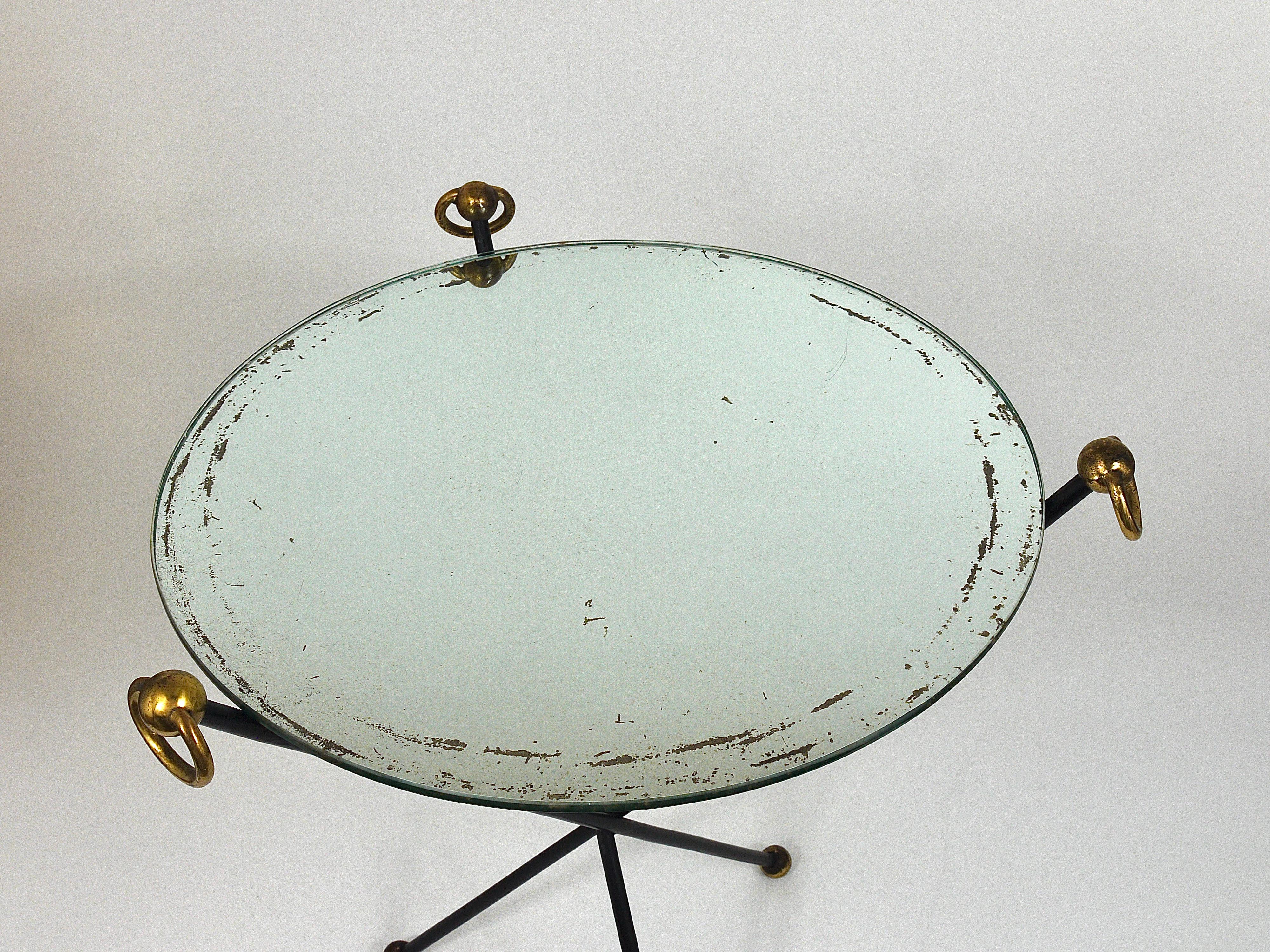 French Mid-Century Modern Mirror Side Table, Jacques Adnet Style, Brass, 1950s For Sale 1