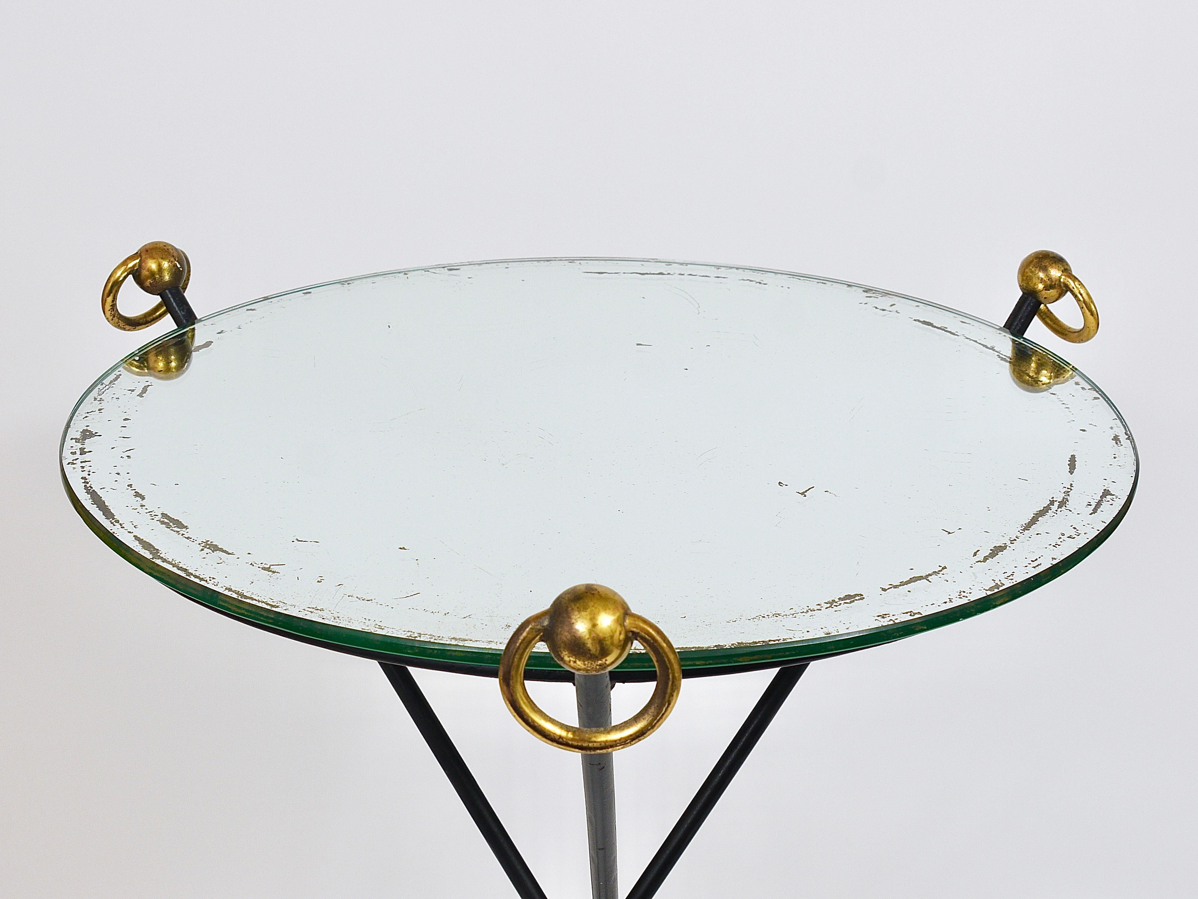 French Mid-Century Modern Mirror Side Table, Jacques Adnet Style, Brass, 1950s For Sale 3