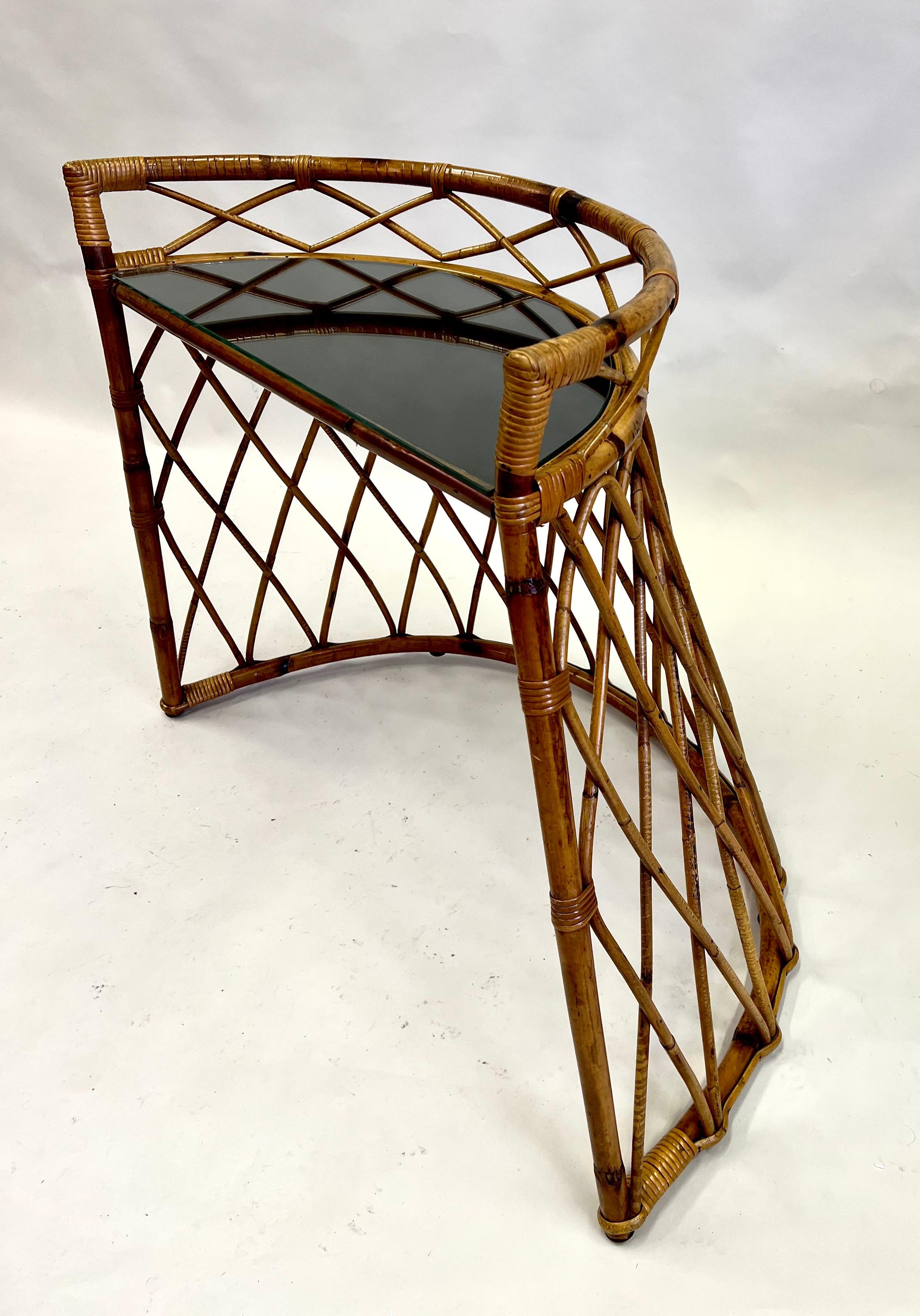 Hand-Crafted French Mid-century Modern Neoclassical Bamboo Rattan Console or Desk For Sale