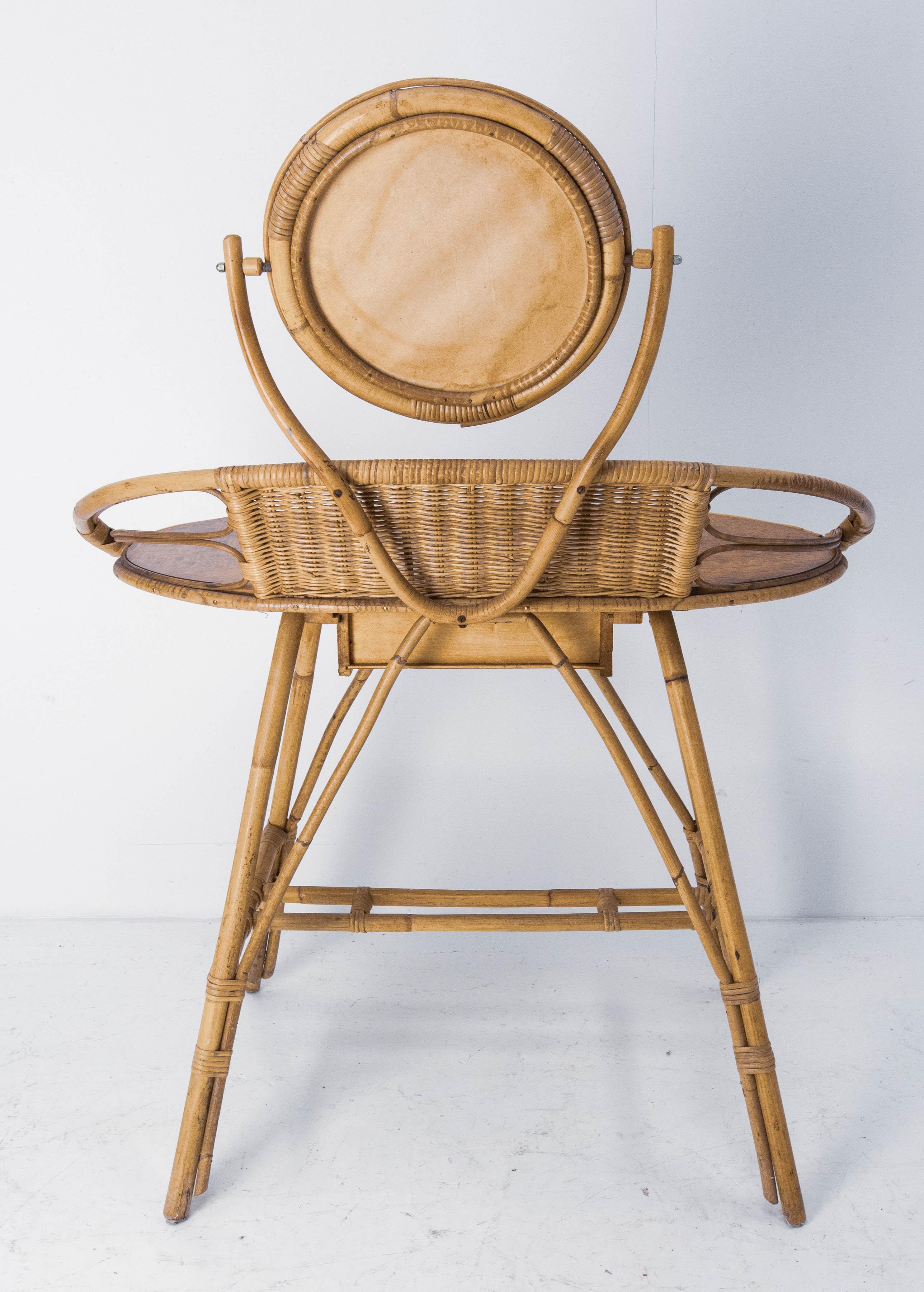 Mid-Century Modern French Midcentury Modern Rattan Dressing Table Vanity Unit with Mirror