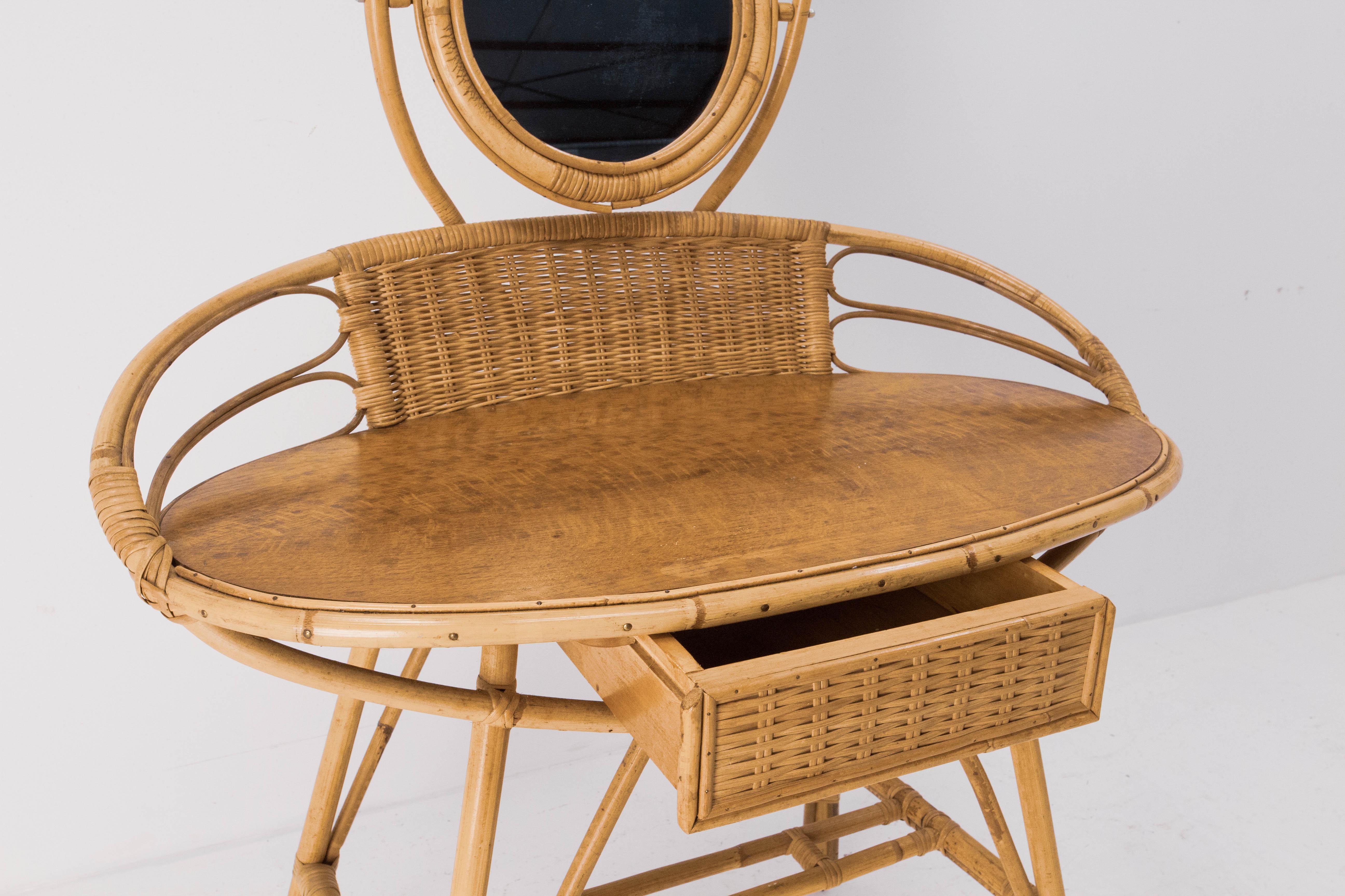 20th Century French Midcentury Modern Rattan Dressing Table Vanity Unit with Mirror