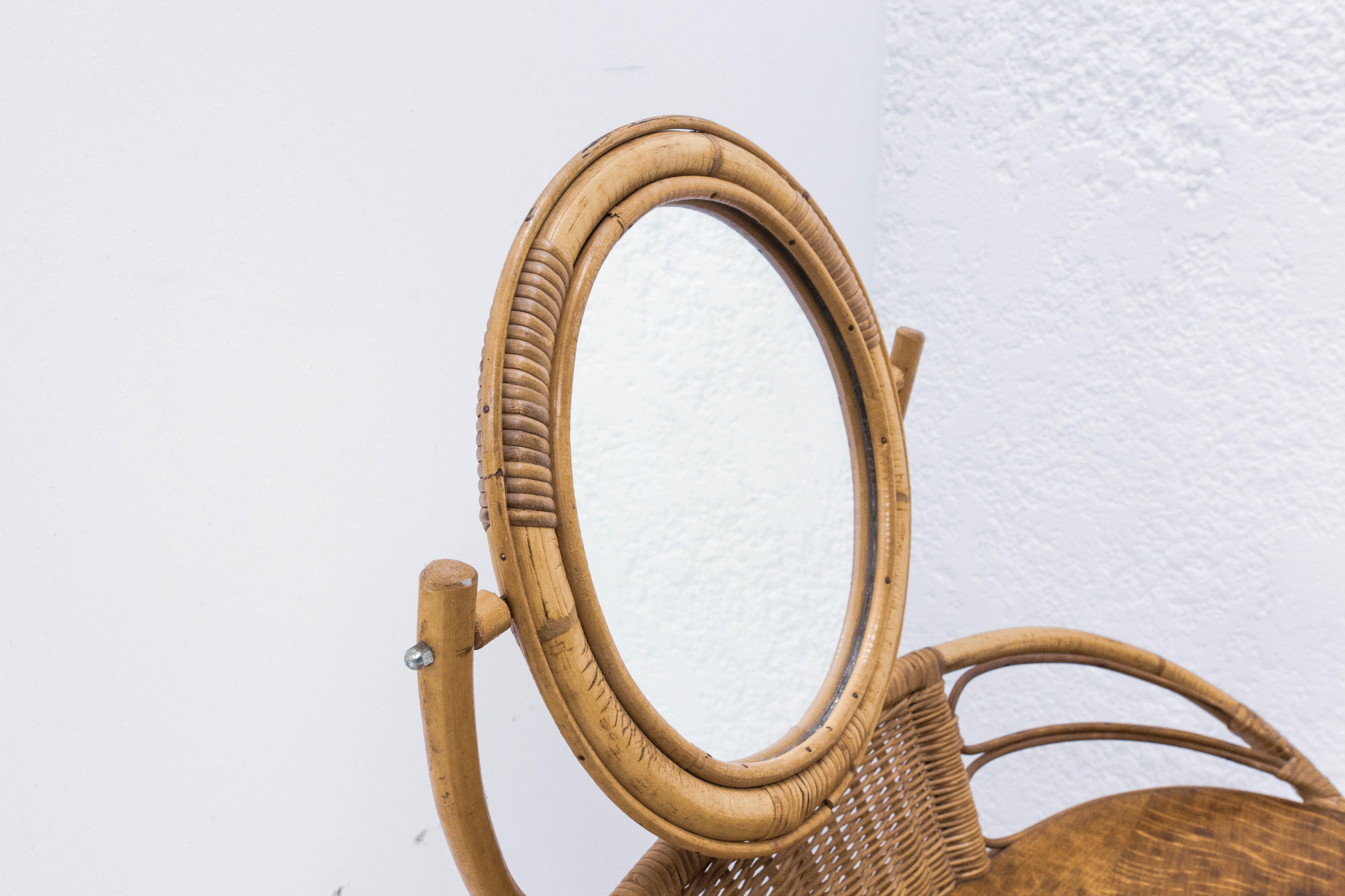 French Midcentury Modern Rattan Dressing Table Vanity Unit with Mirror 1
