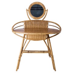 Französischer Midcentury Modern Schminktisch aus Rattan mit Spiegel