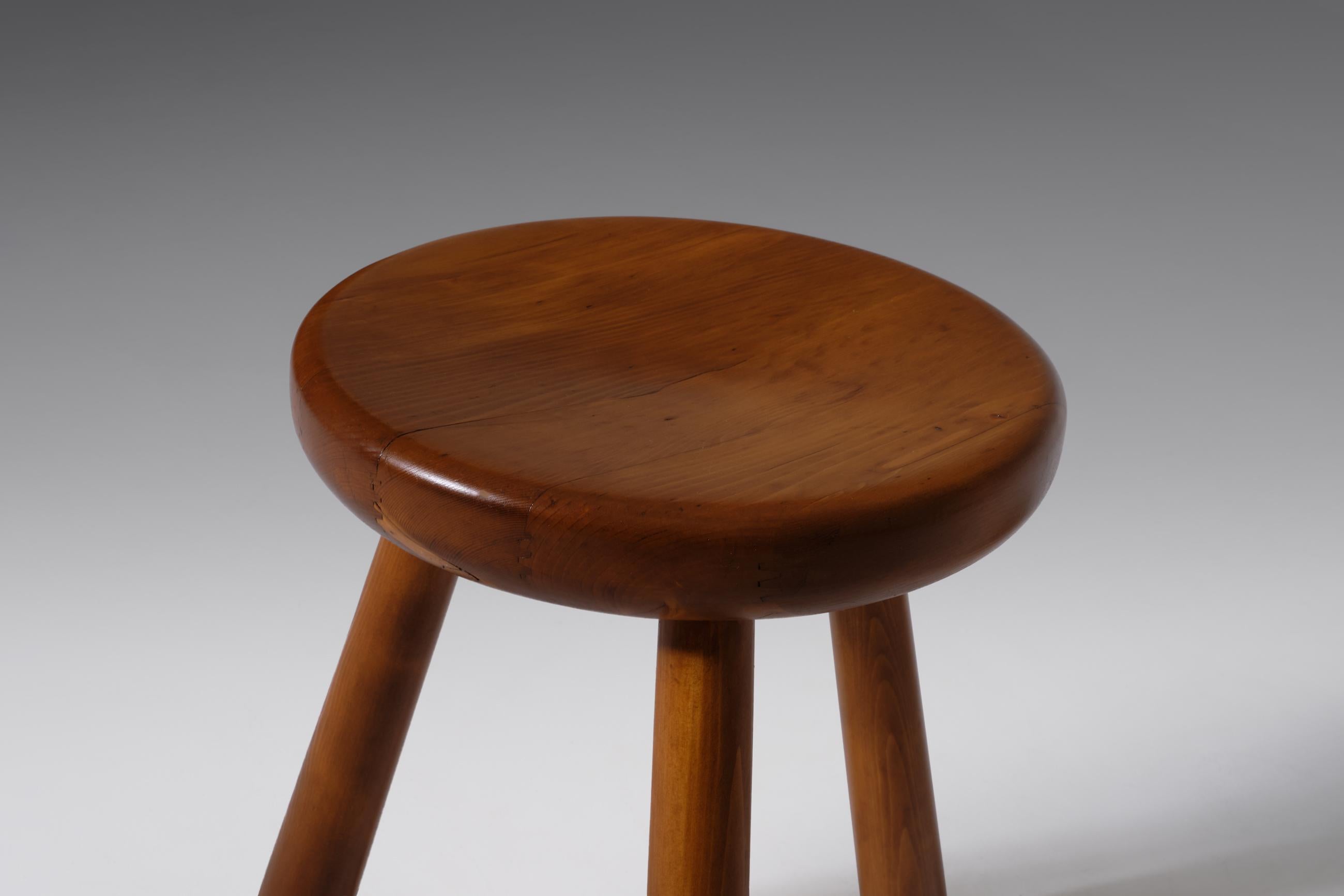 French Mid-Century Modern Stool in Solid Pine 1