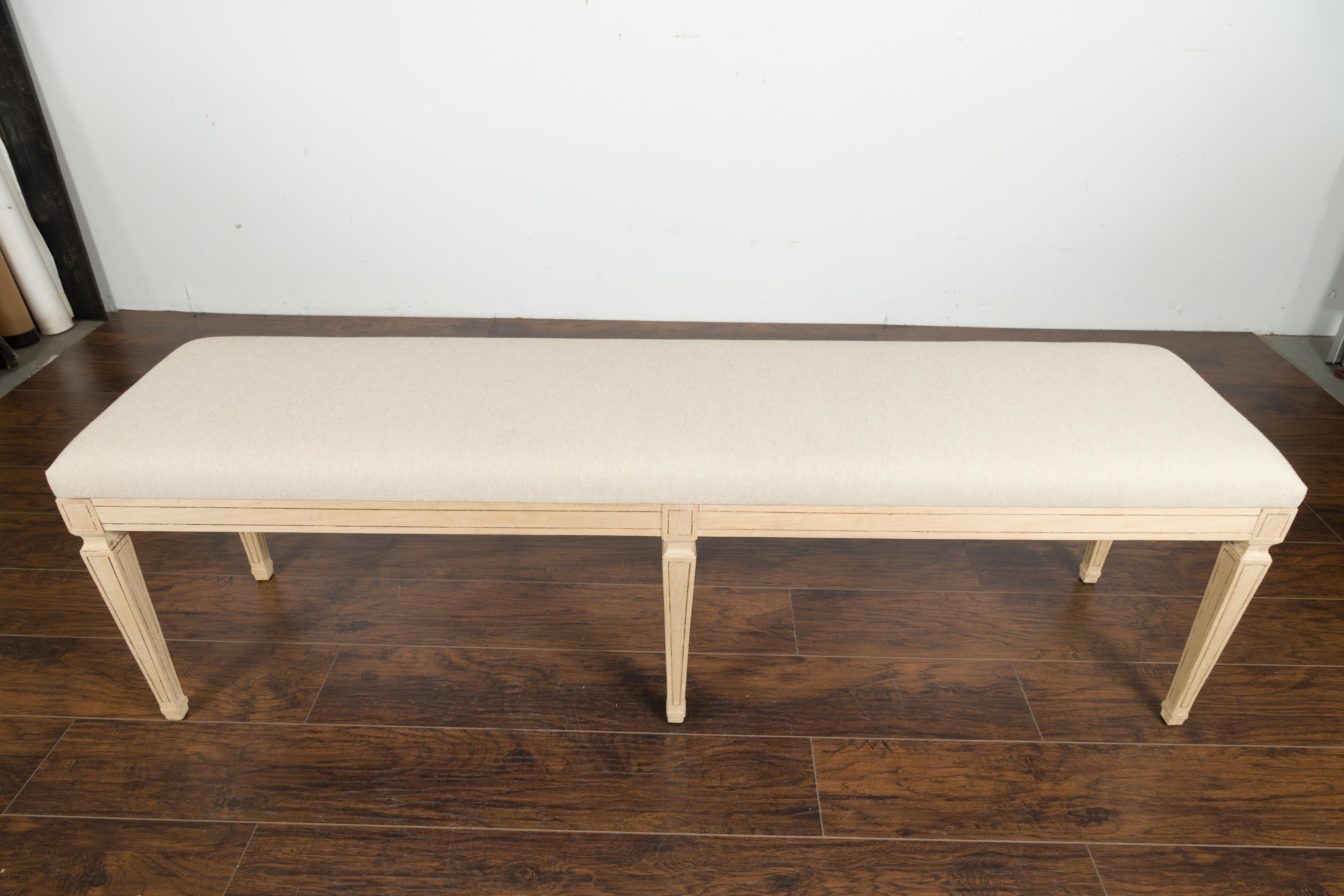 French Midcentury Neoclassical Style Bleached Wooden Bench with New Upholstery 4