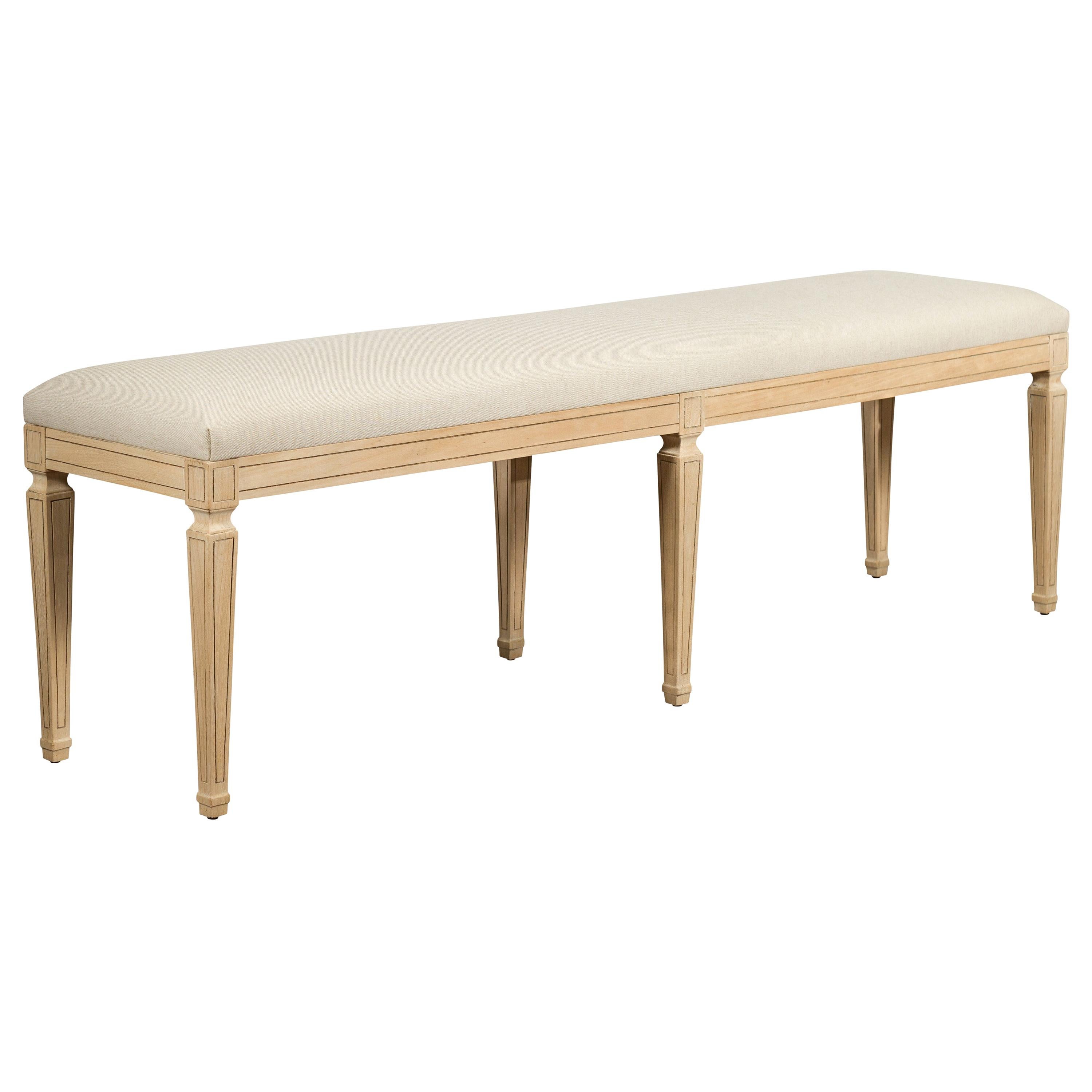 French Midcentury Neoclassical Style Bleached Wooden Bench with New Upholstery