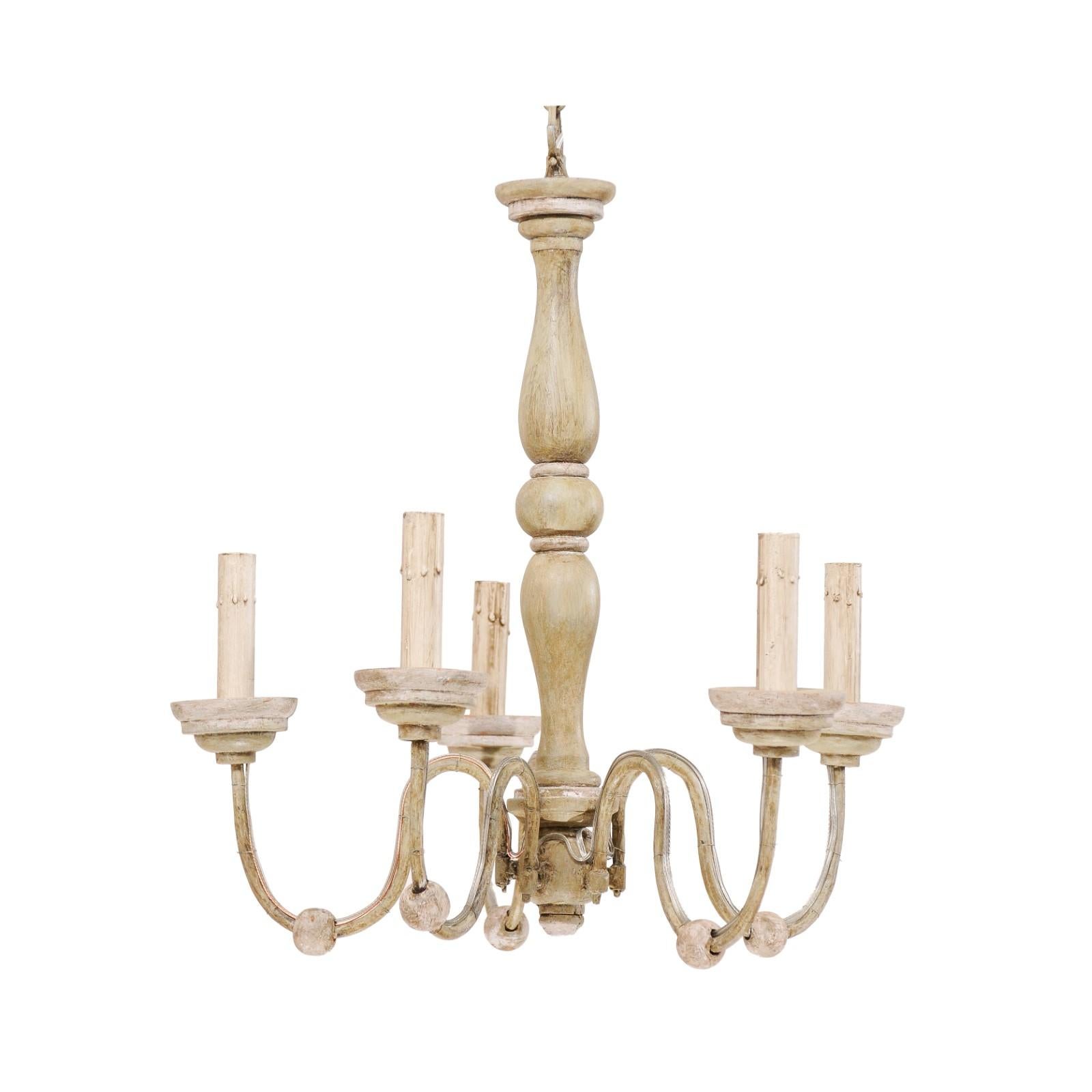French Midcentury Neutral Painted Wood and Iron Five-Light Chandelier