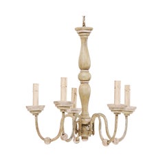 French Midcentury Neutral Painted Wood and Iron Five-Light Chandelier