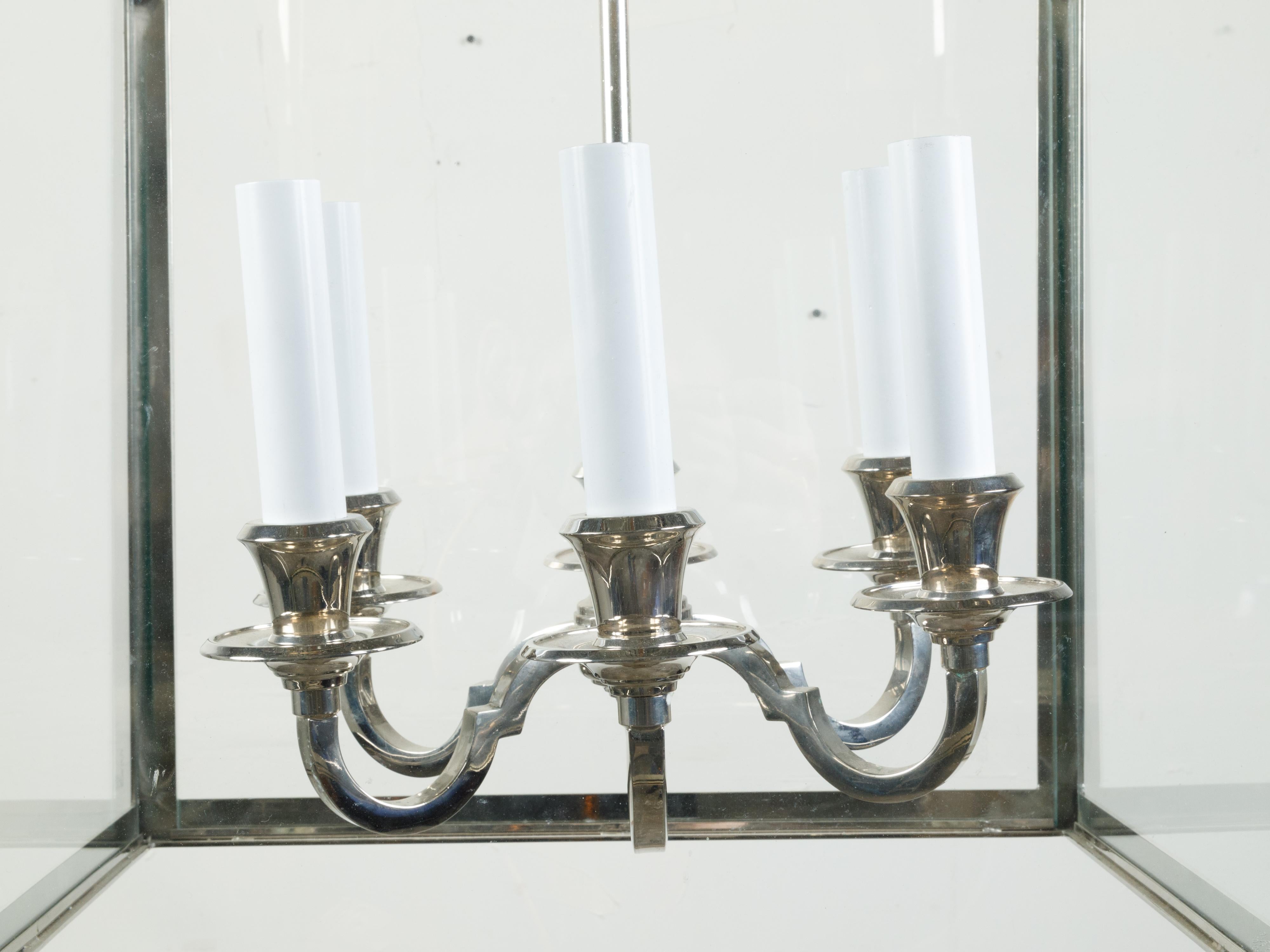 French Midcentury Nickel Lantern with Six Scrolling Arms and Glass Panels In Good Condition For Sale In Atlanta, GA