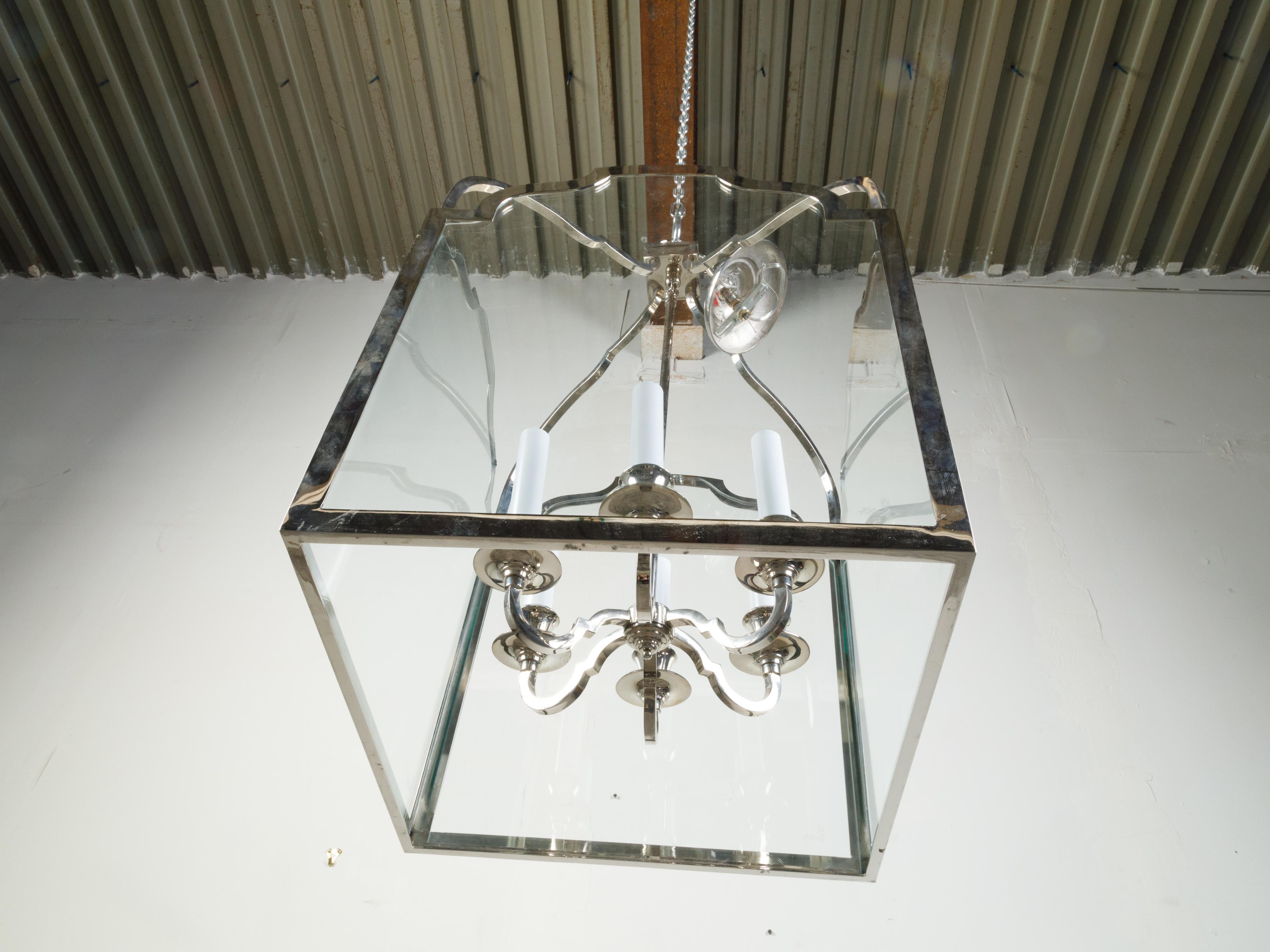 French Midcentury Nickel Lantern with Six Scrolling Arms and Glass Panels For Sale 2