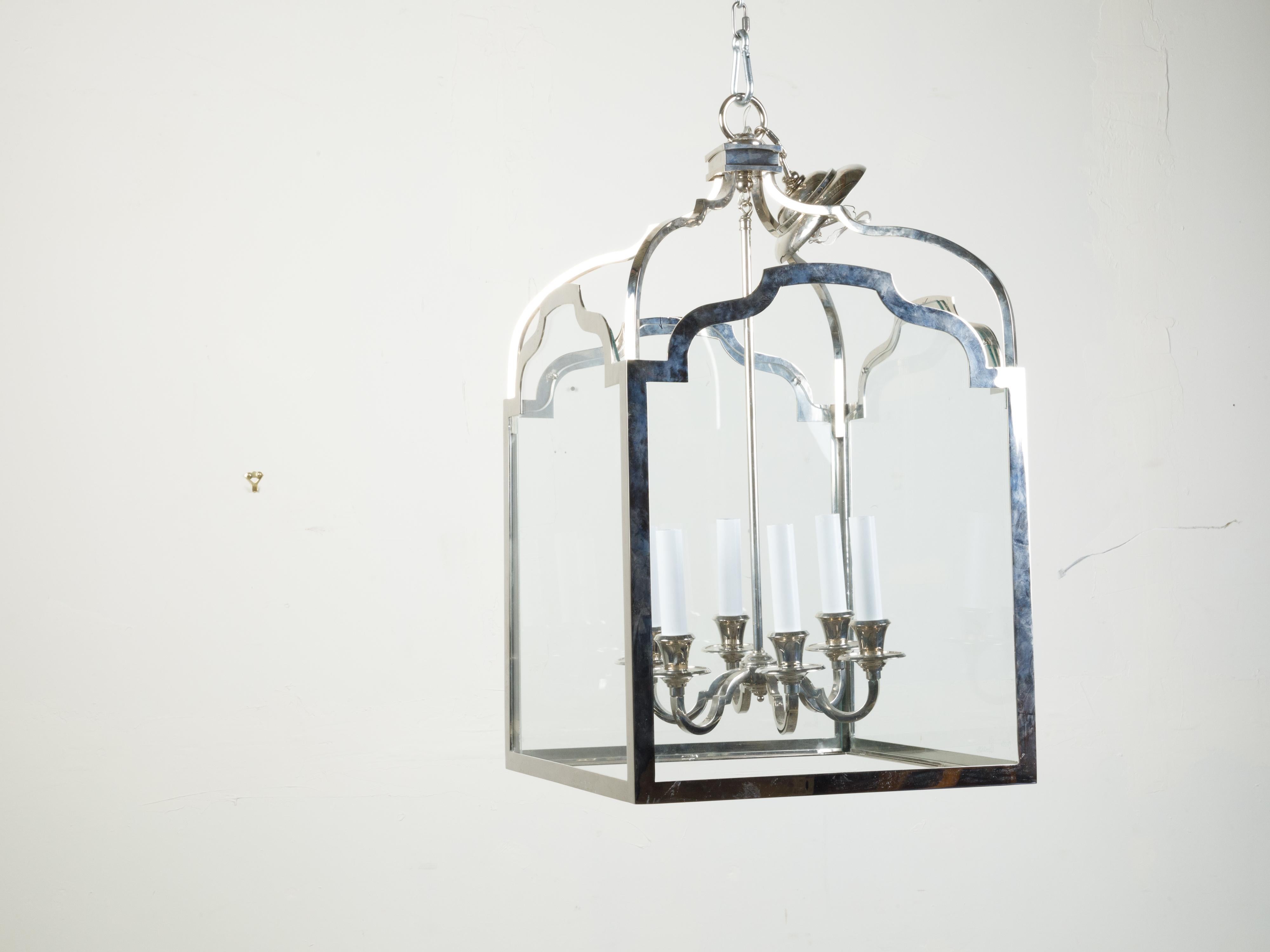 French Midcentury Nickel Lantern with Six Scrolling Arms and Glass Panels For Sale 4