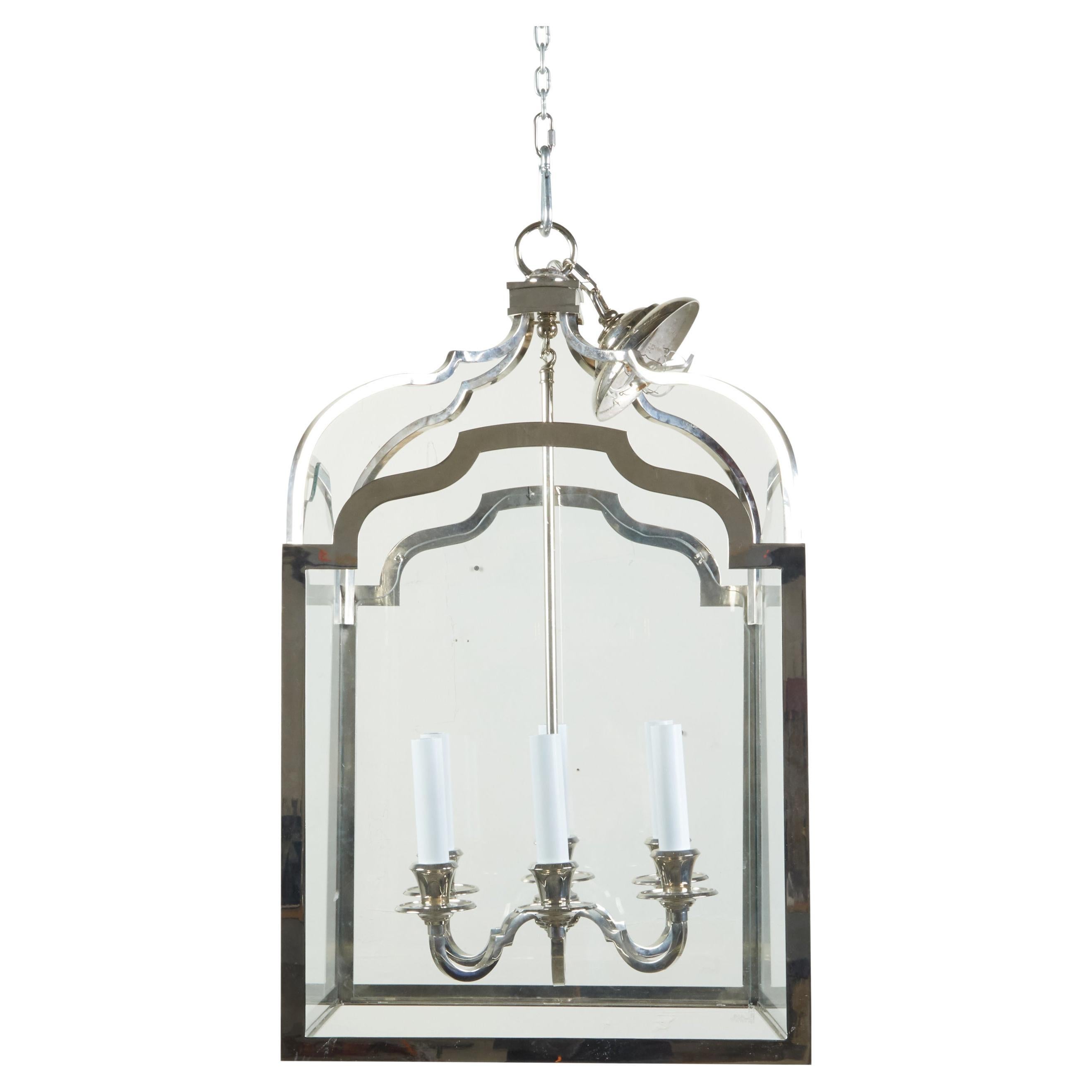 French Midcentury Nickel Lantern with Six Scrolling Arms and Glass Panels For Sale