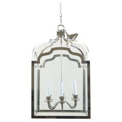 French Midcentury Nickel Lantern with Six Scrolling Arms and Glass Panels