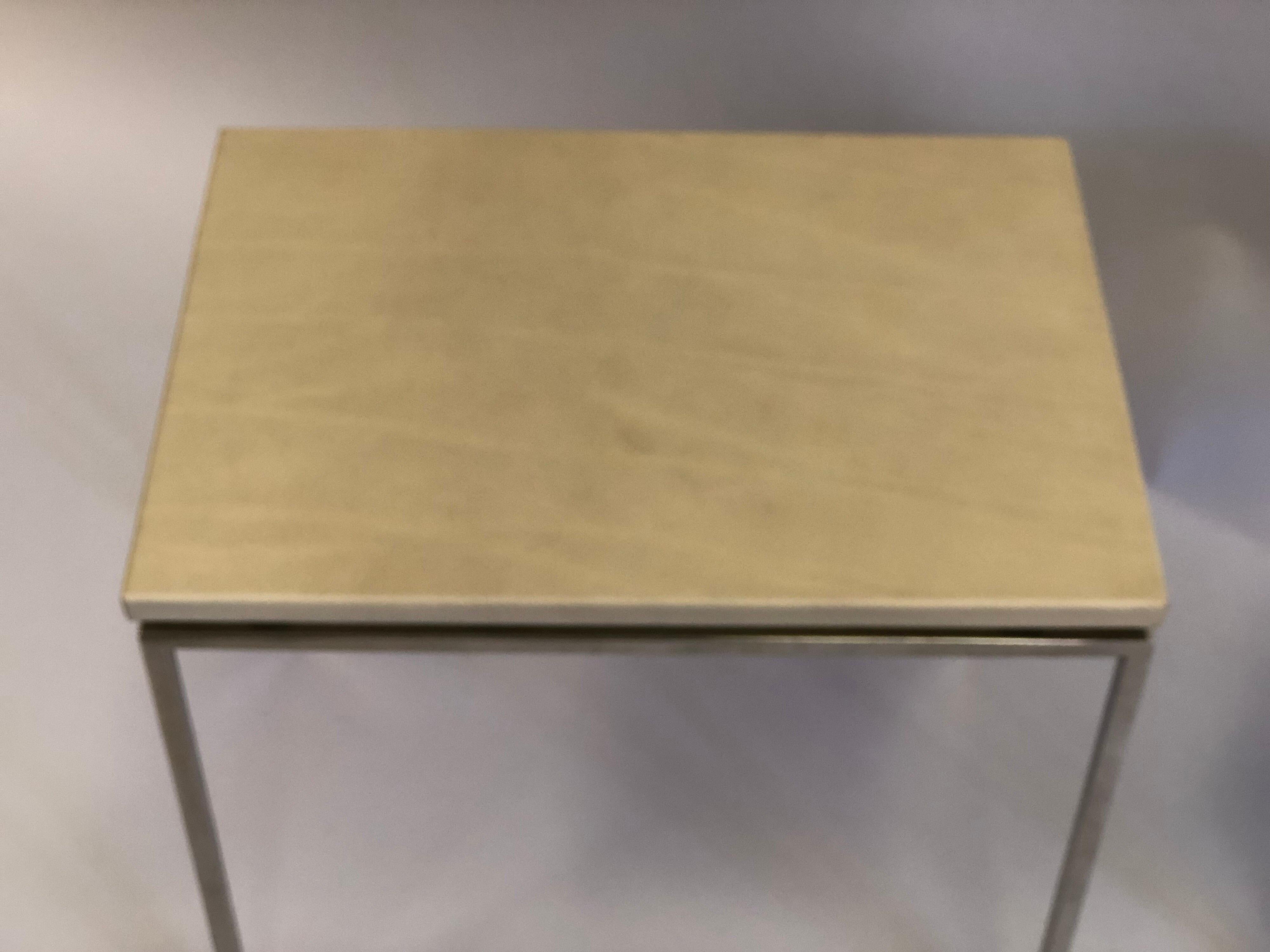 Pair of French Midcentury Nickel & Parchment Leather Side Tables, Maison Ramsay For Sale 5