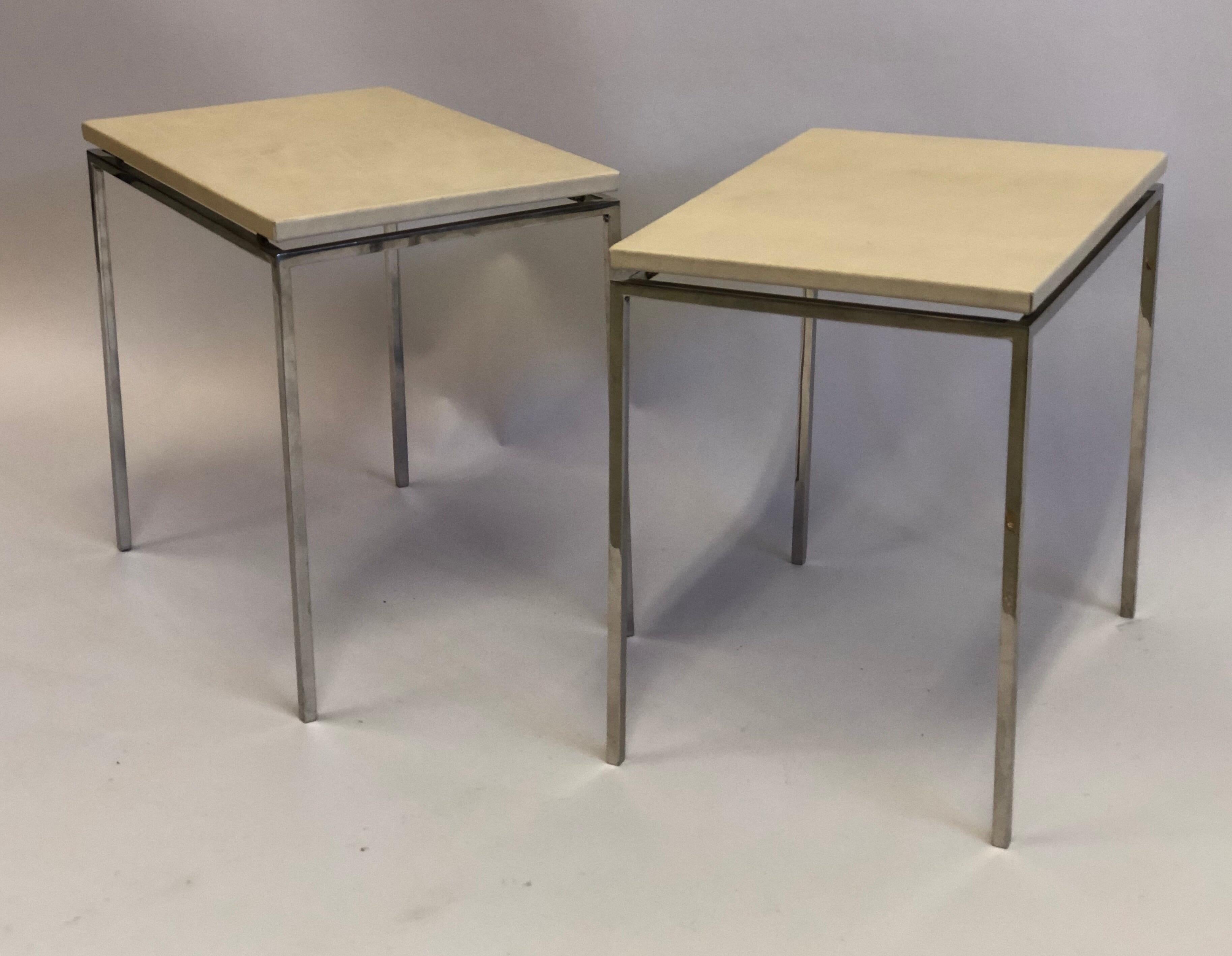 Mid-Century Modern Pair of French Midcentury Nickel & Parchment Leather Side Tables, Maison Ramsay For Sale