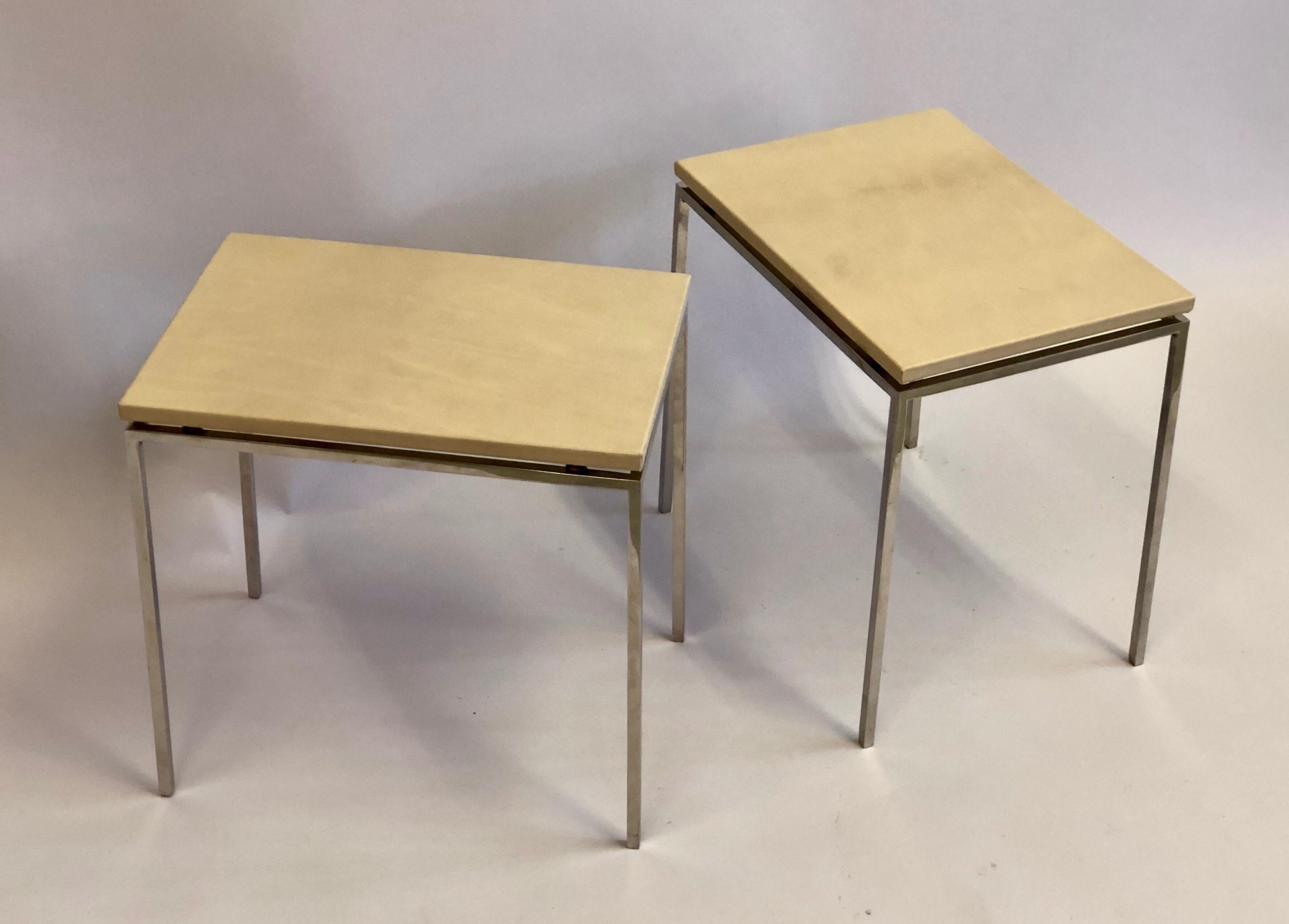 Pair of French Midcentury Nickel & Parchment Leather Side Tables, Maison Ramsay In Good Condition For Sale In New York, NY