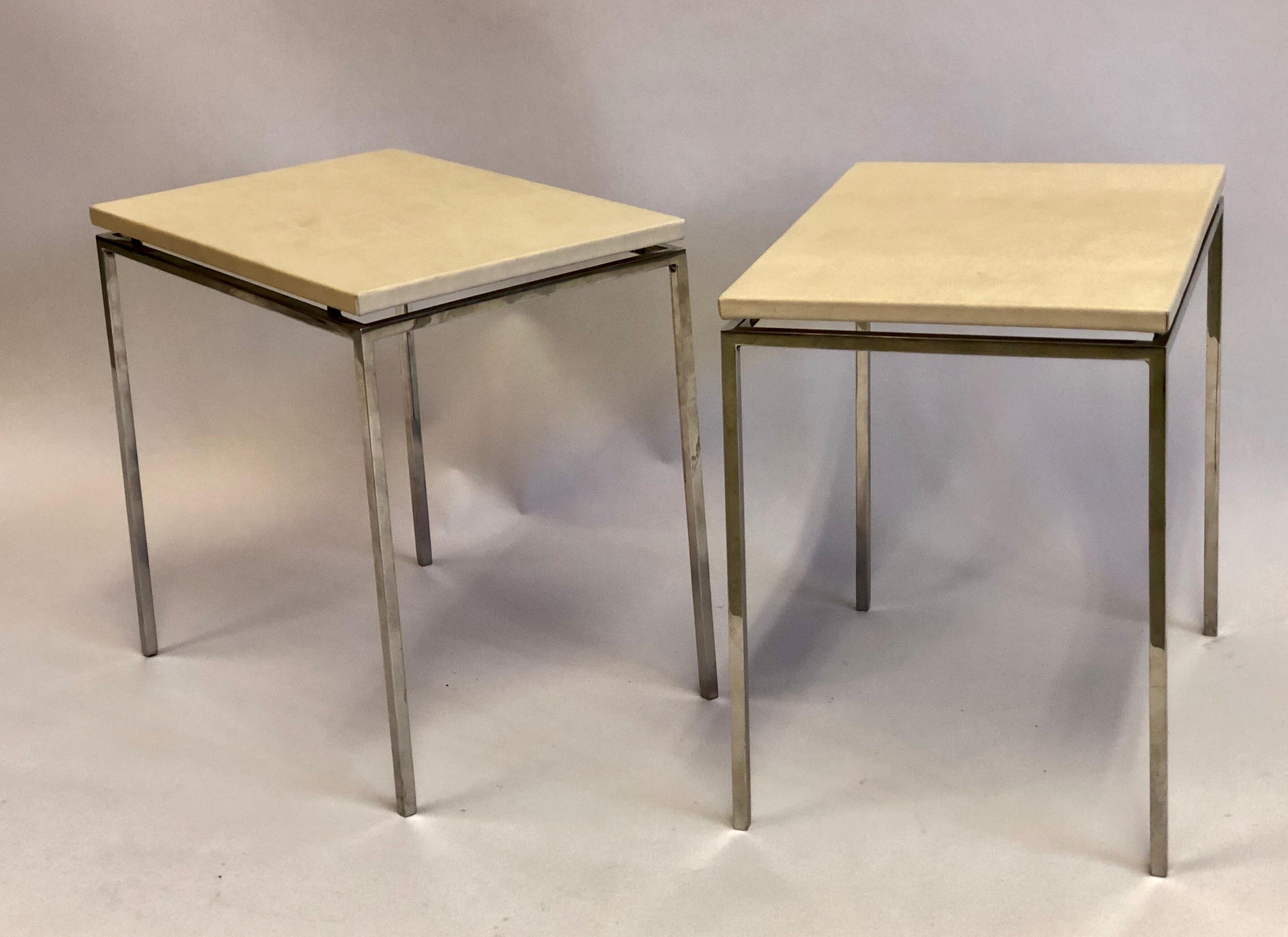 20th Century Pair of French Midcentury Nickel & Parchment Leather Side Tables, Maison Ramsay For Sale
