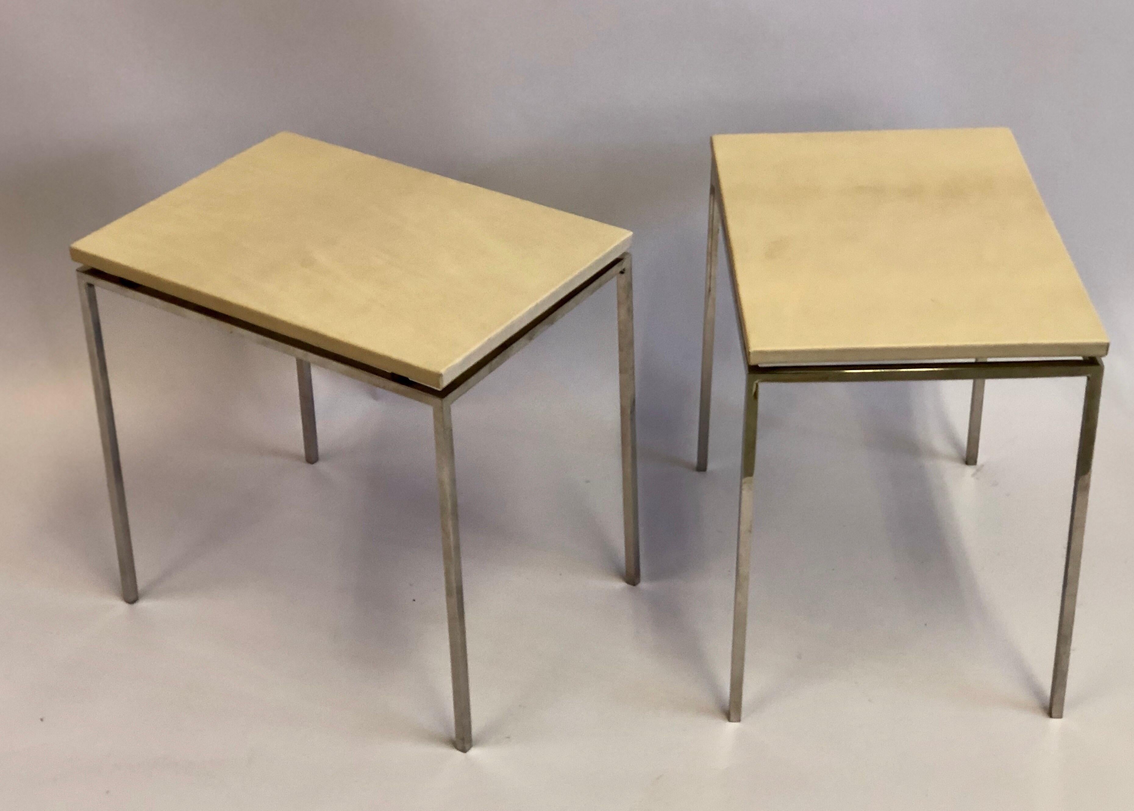 Pair of French Midcentury Nickel & Parchment Leather Side Tables, Maison Ramsay For Sale 1