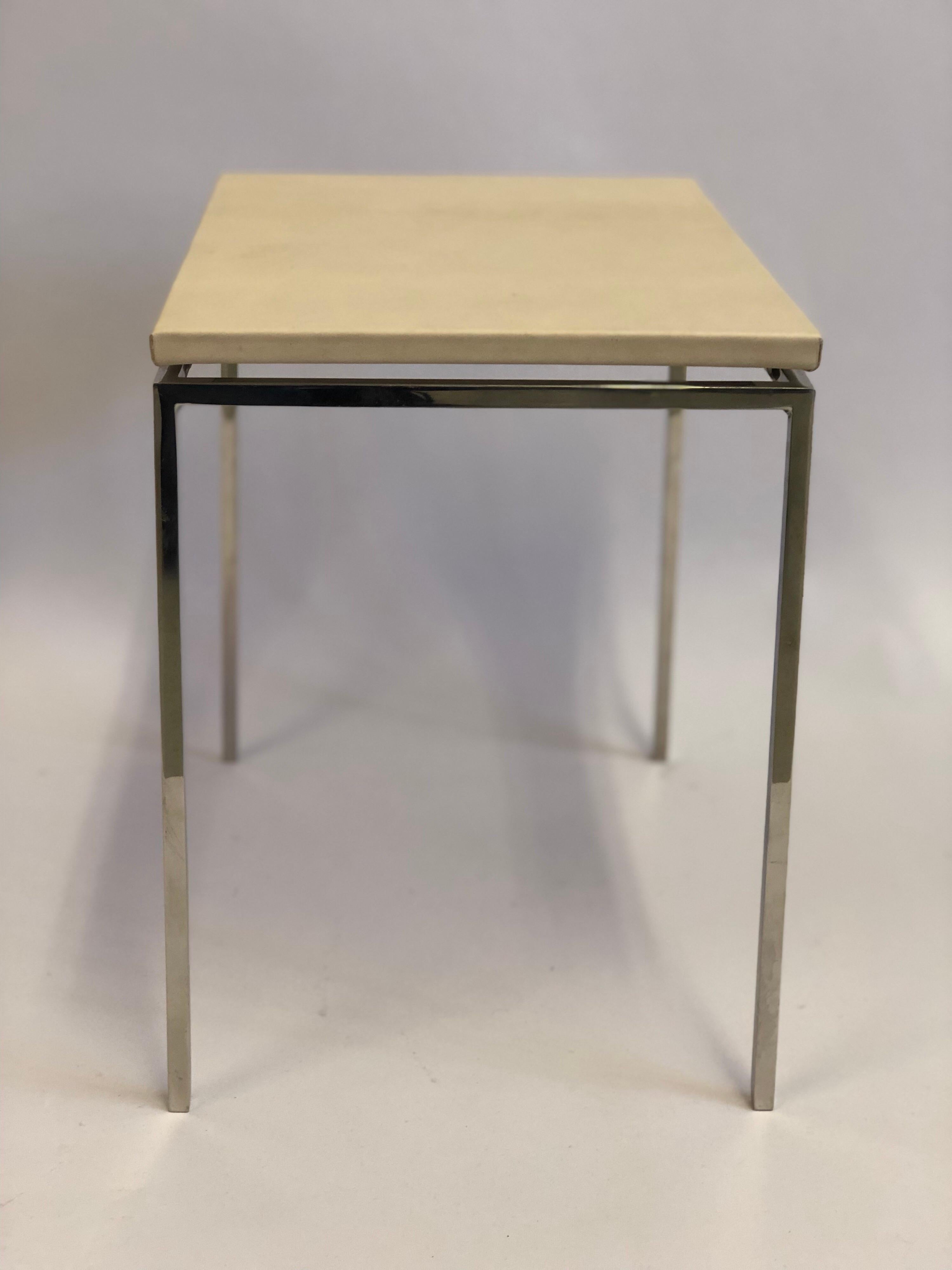 Pair of French Midcentury Nickel & Parchment Leather Side Tables, Maison Ramsay For Sale 2
