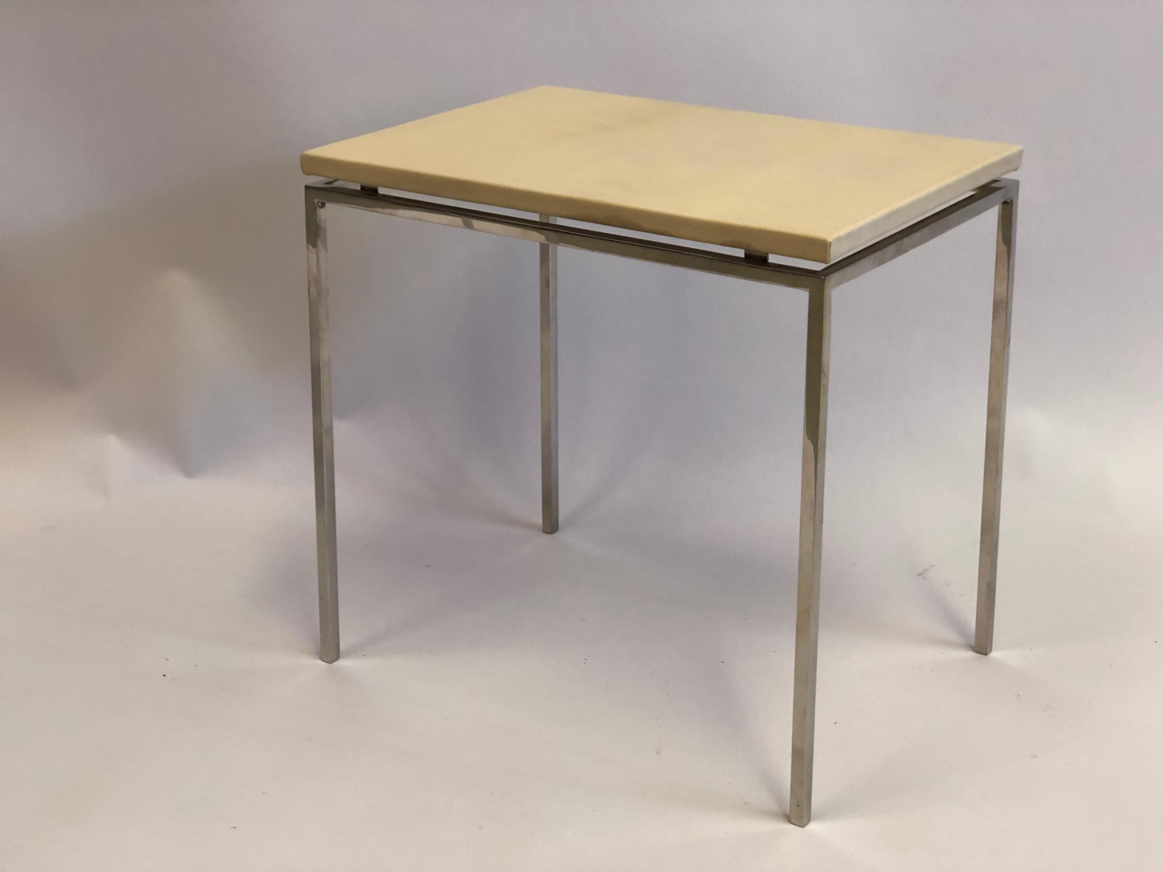 Pair of French Midcentury Nickel & Parchment Leather Side Tables, Maison Ramsay For Sale 3