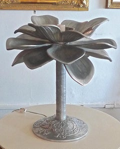 French Midcentury Nickel Silver Table Lamp with Floral Embossed Base