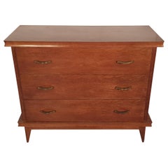 French Midcentury Oak Commode with Brass Handles