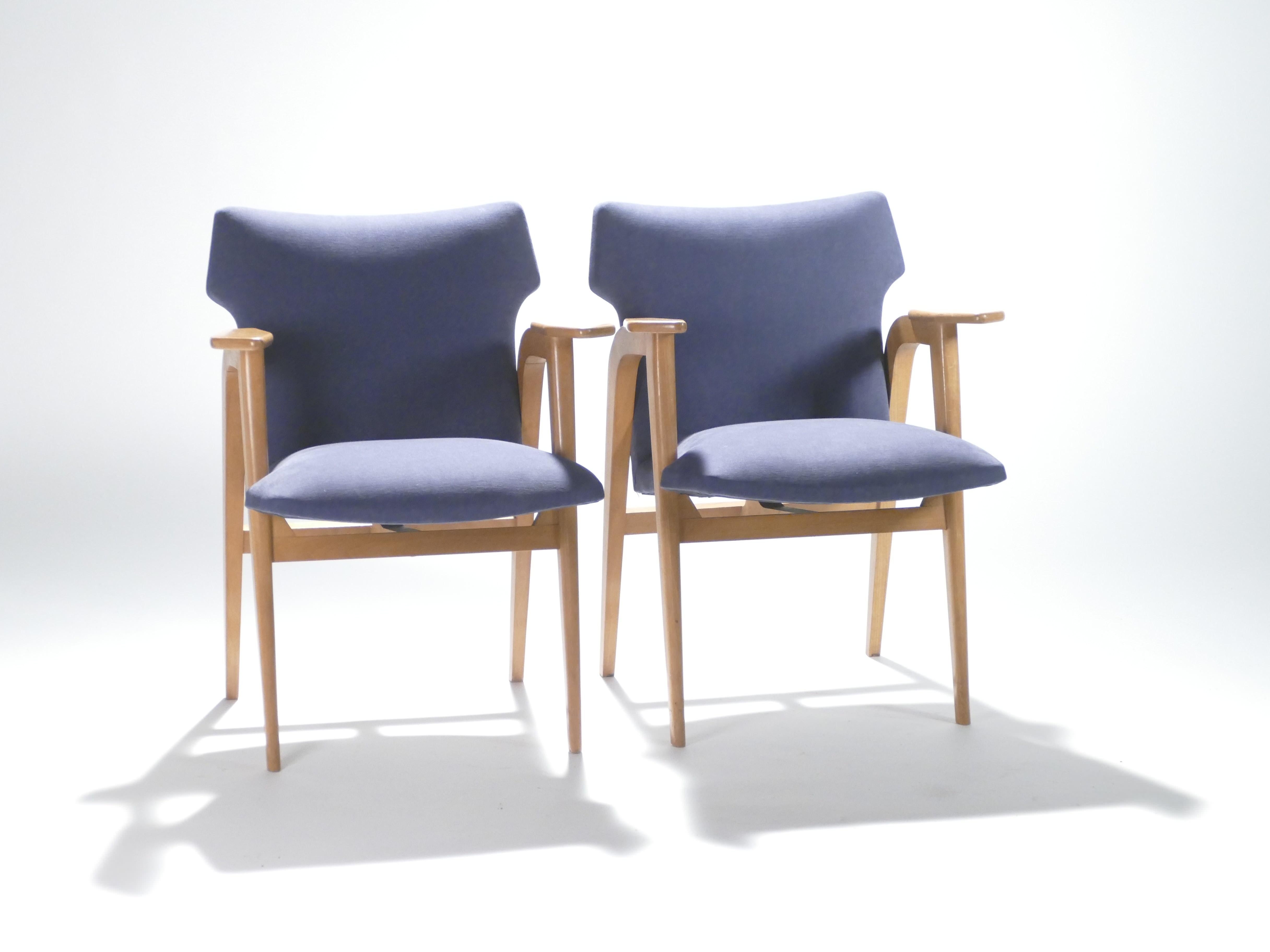 Mid-20th Century French Midcentury Oak Compass Armchairs by Roger Landault, 1950s