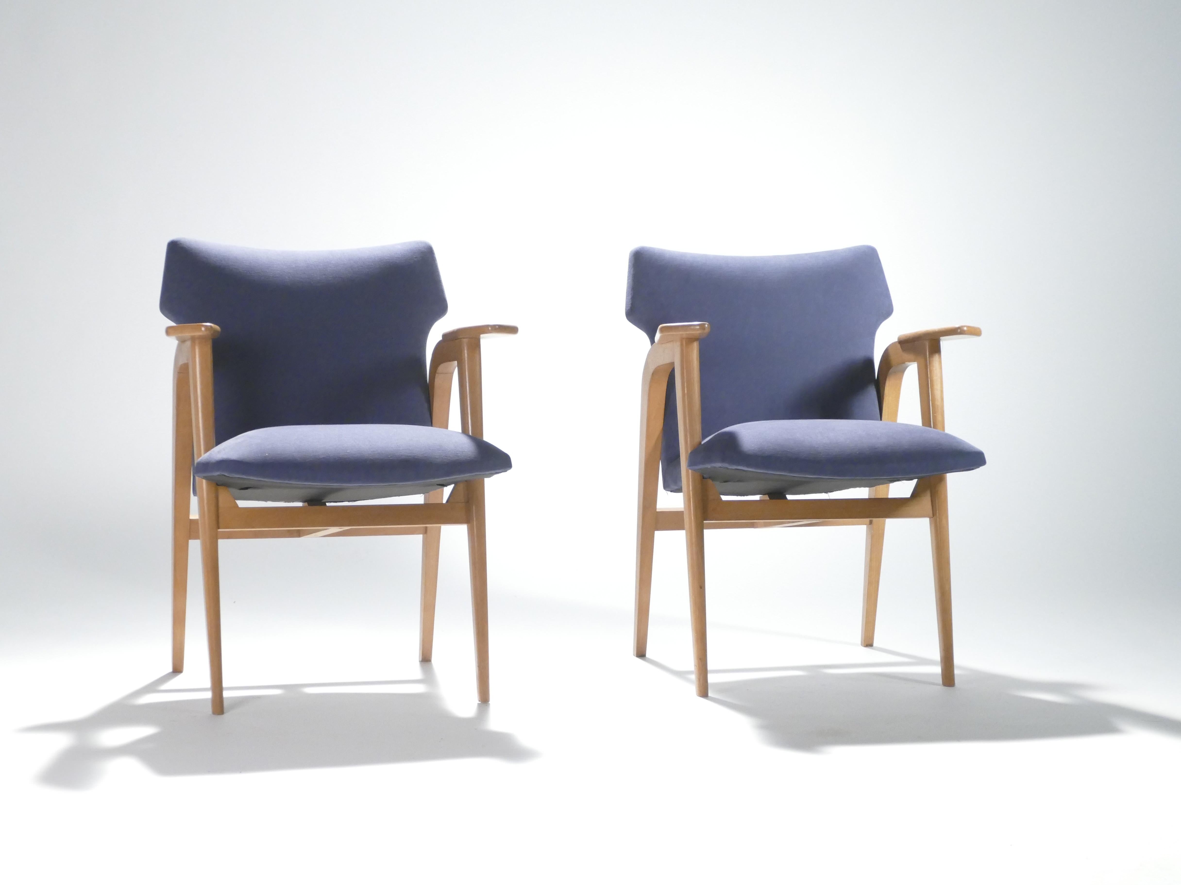 Cotton French Midcentury Oak Compass Armchairs by Roger Landault, 1950s