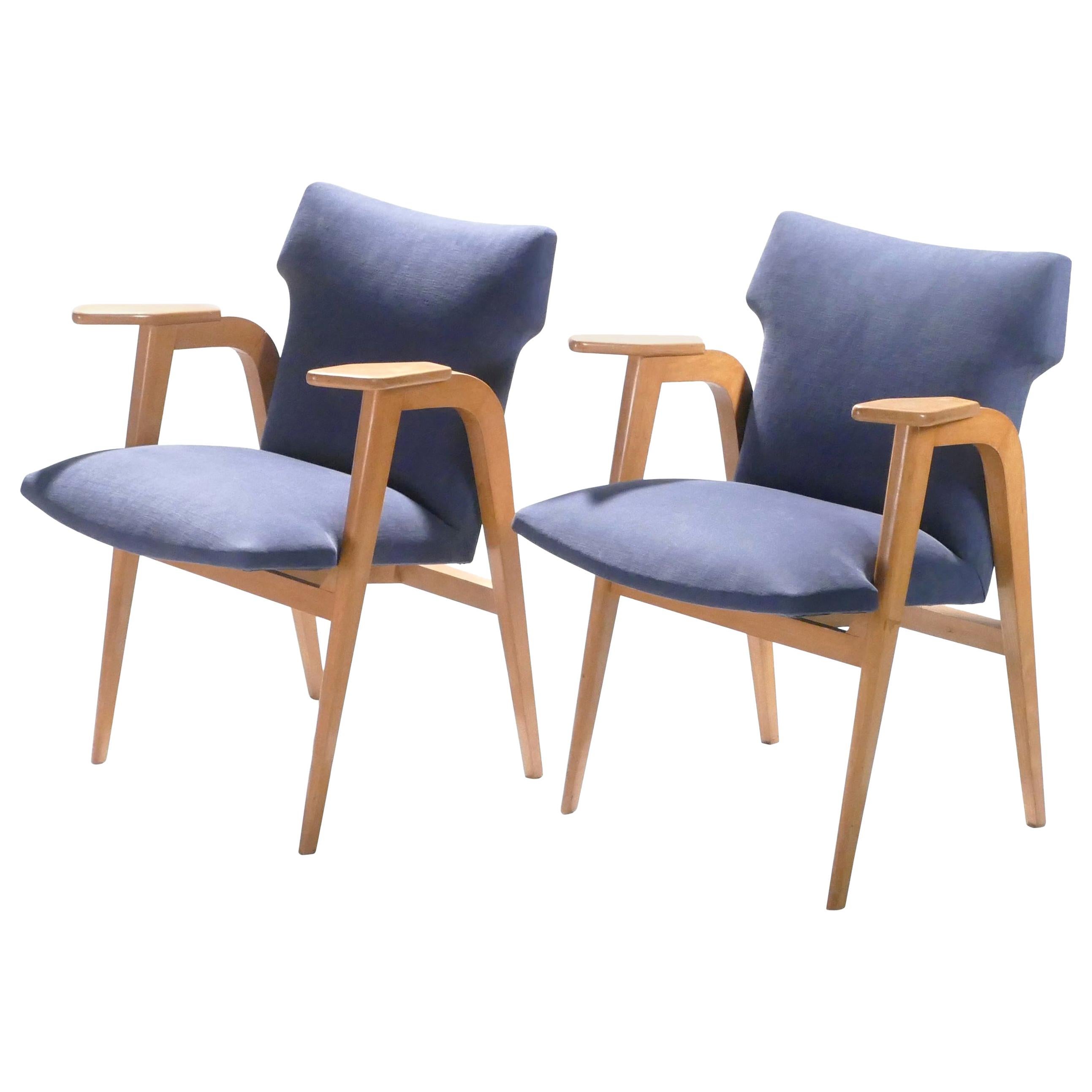 French Midcentury Oak Compass Armchairs by Roger Landault, 1950s