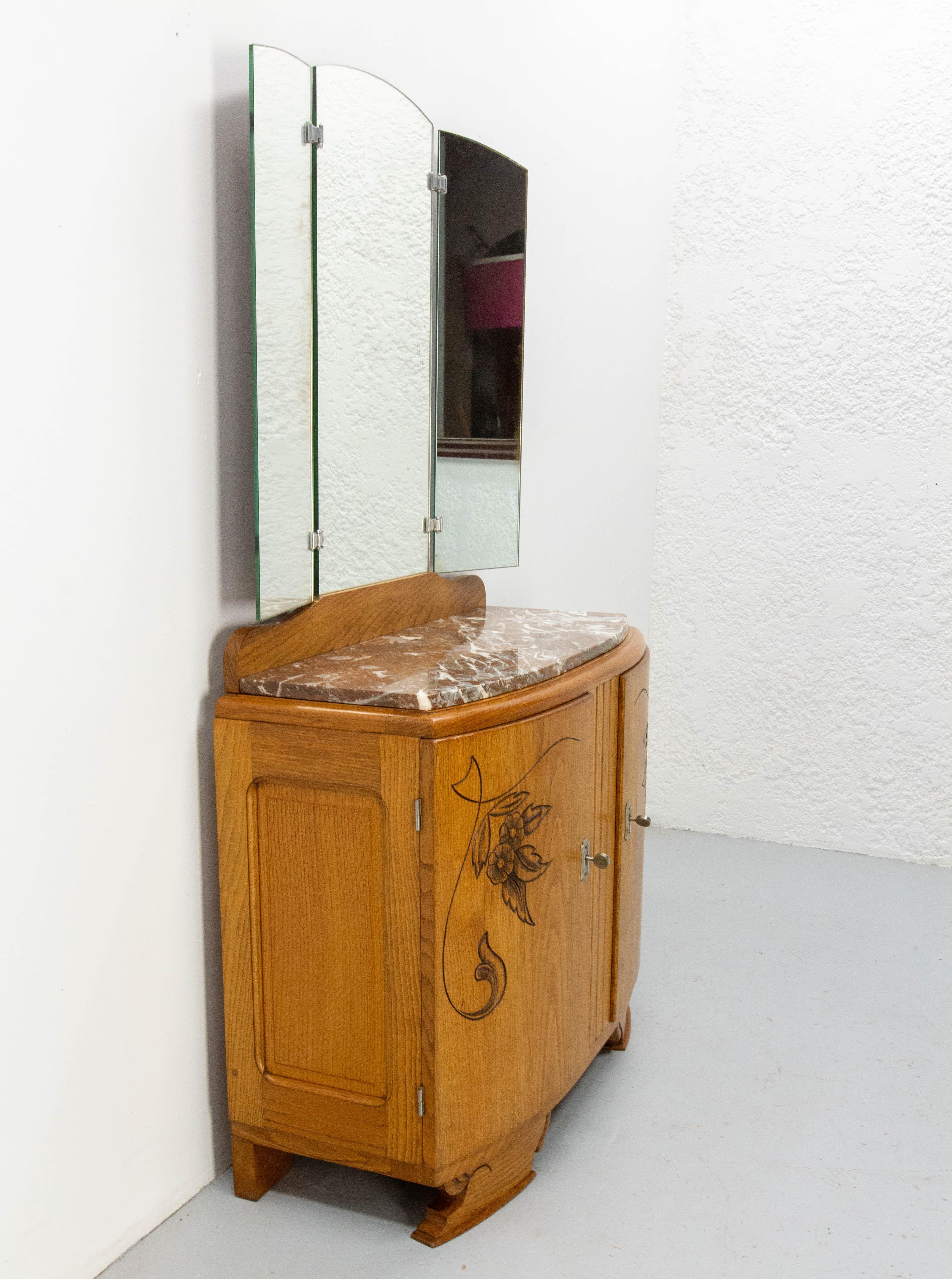 Mid-Century Modern French Midcentury Oak Marble Dressing Table Vanity Unit with Three Panel Mirror For Sale