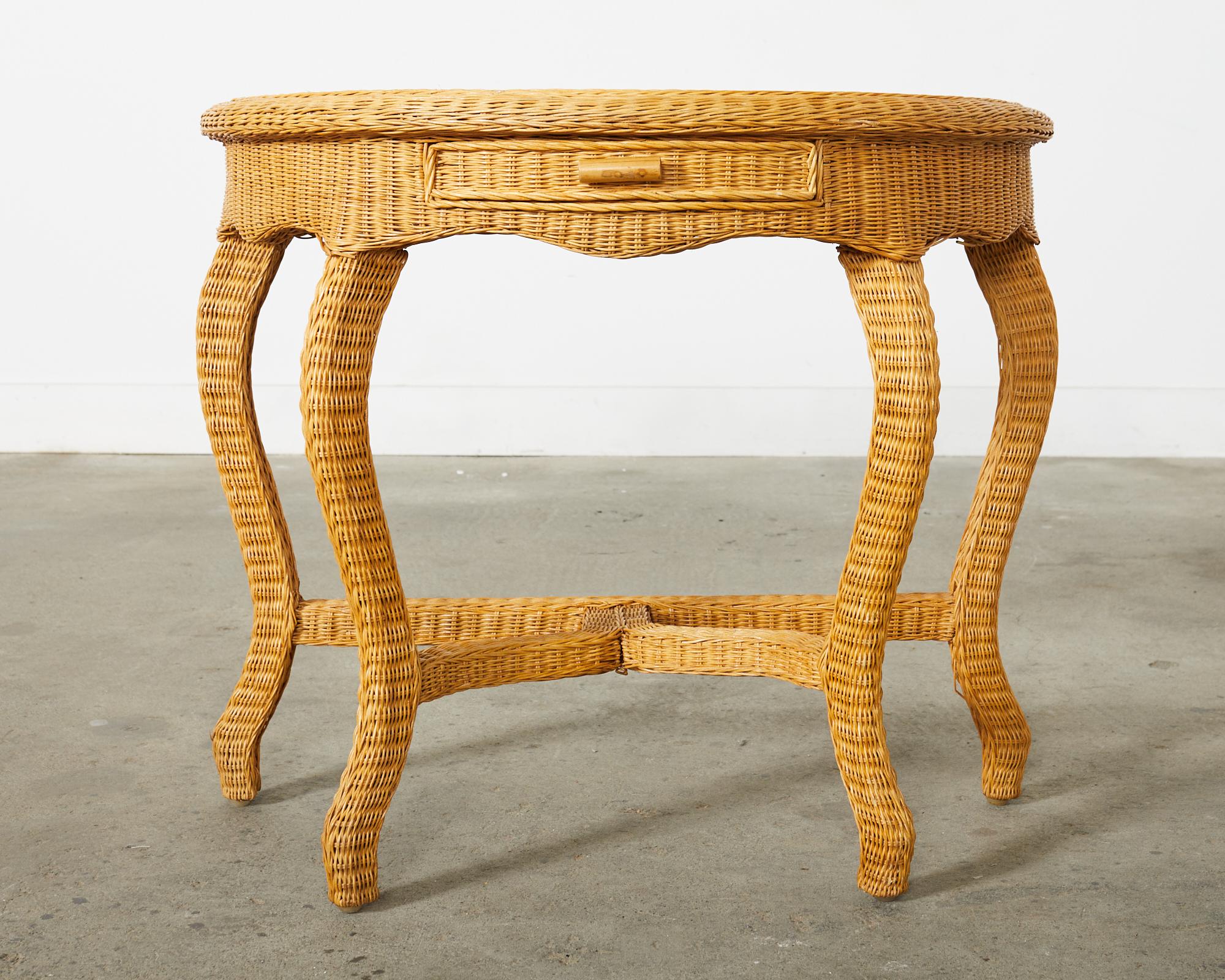Hand-Crafted French Midcentury Organic Modern Wicker Demilune Console For Sale