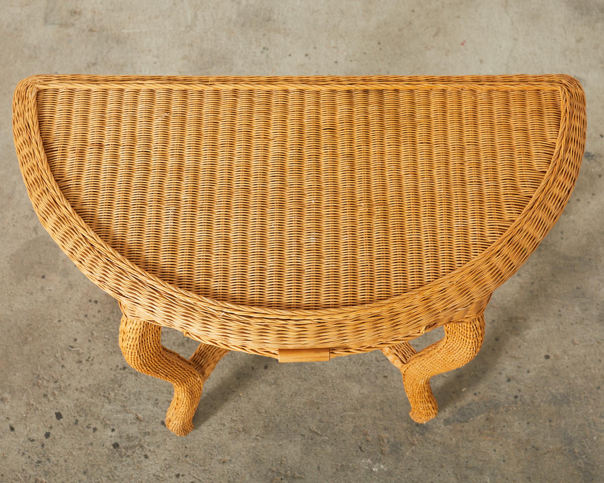 20th Century French Midcentury Organic Modern Wicker Demilune Console For Sale
