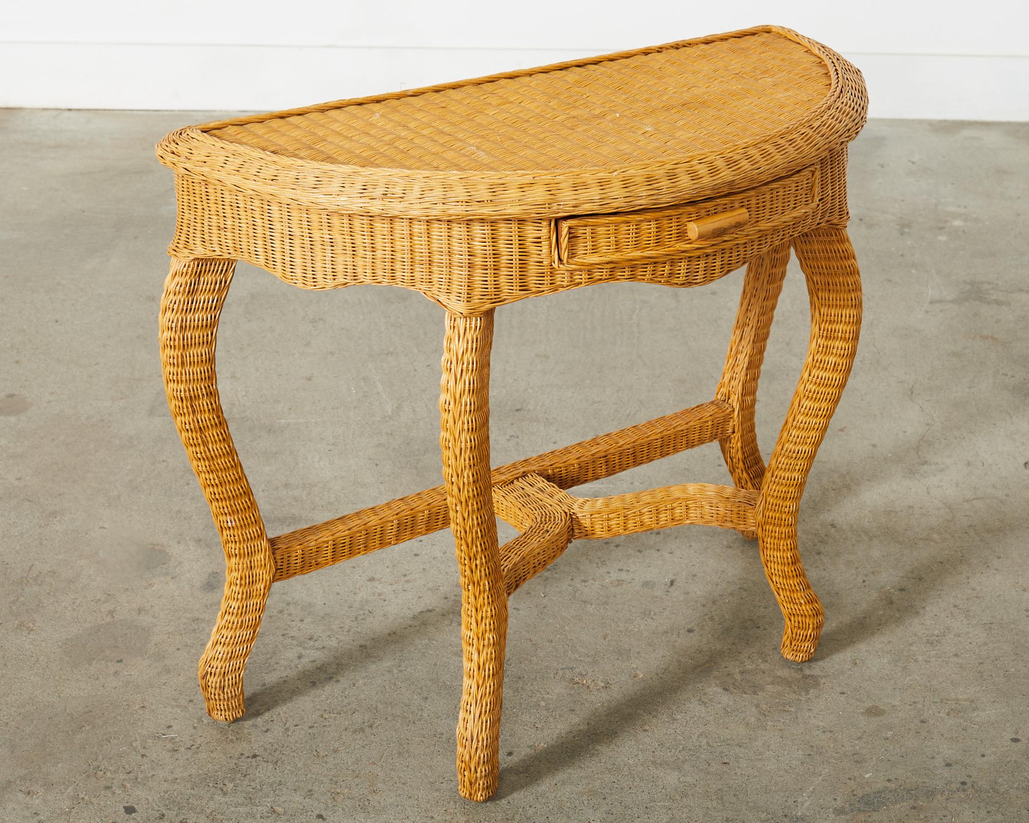 French Midcentury Organic Modern Wicker Demilune Console For Sale 1