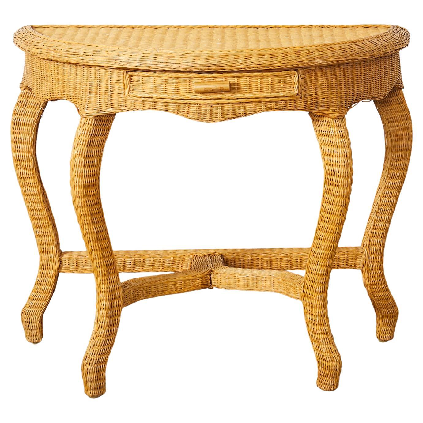 French Midcentury Organic Modern Wicker Demilune Console For Sale
