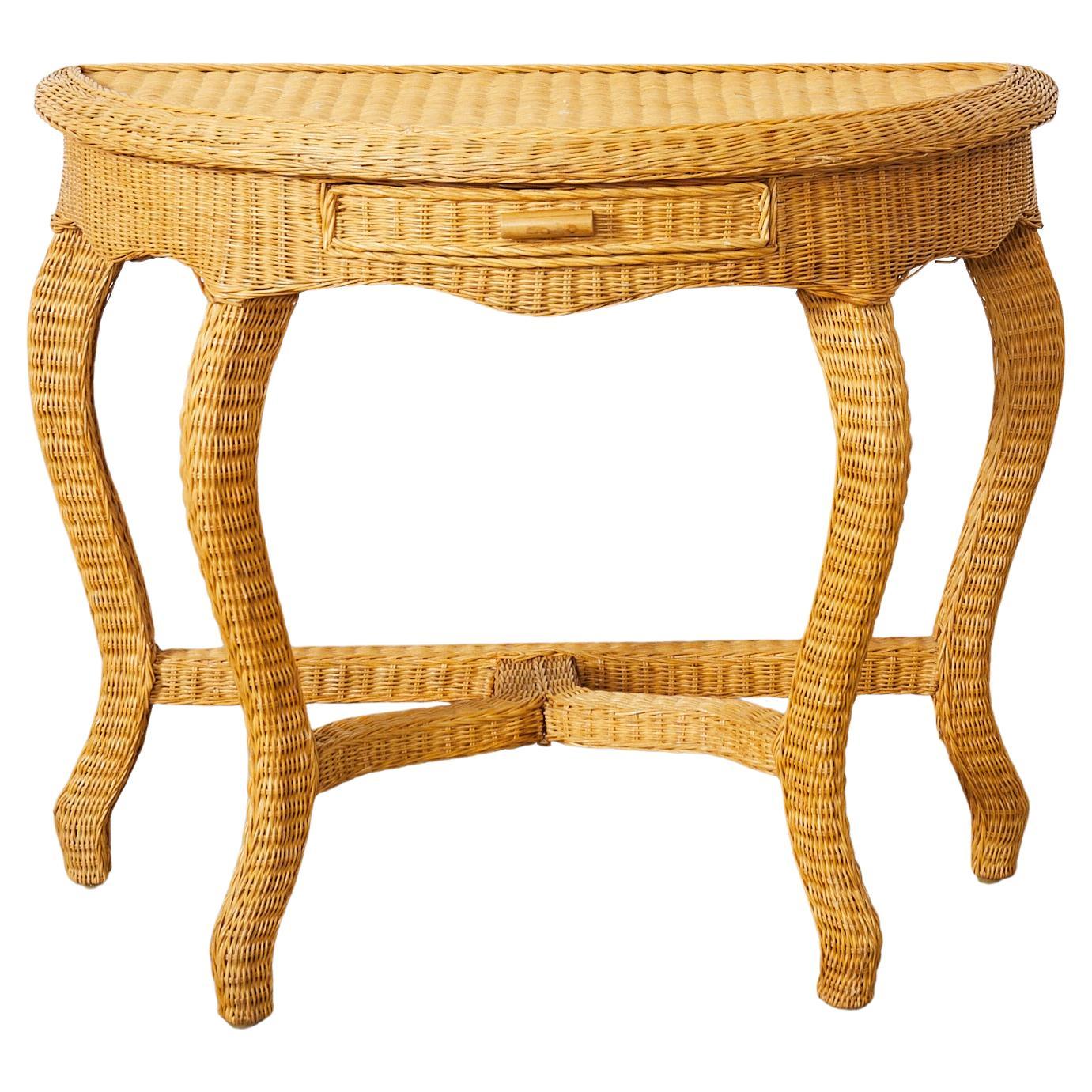 French Midcentury Organic Modern Wicker Demilune Console