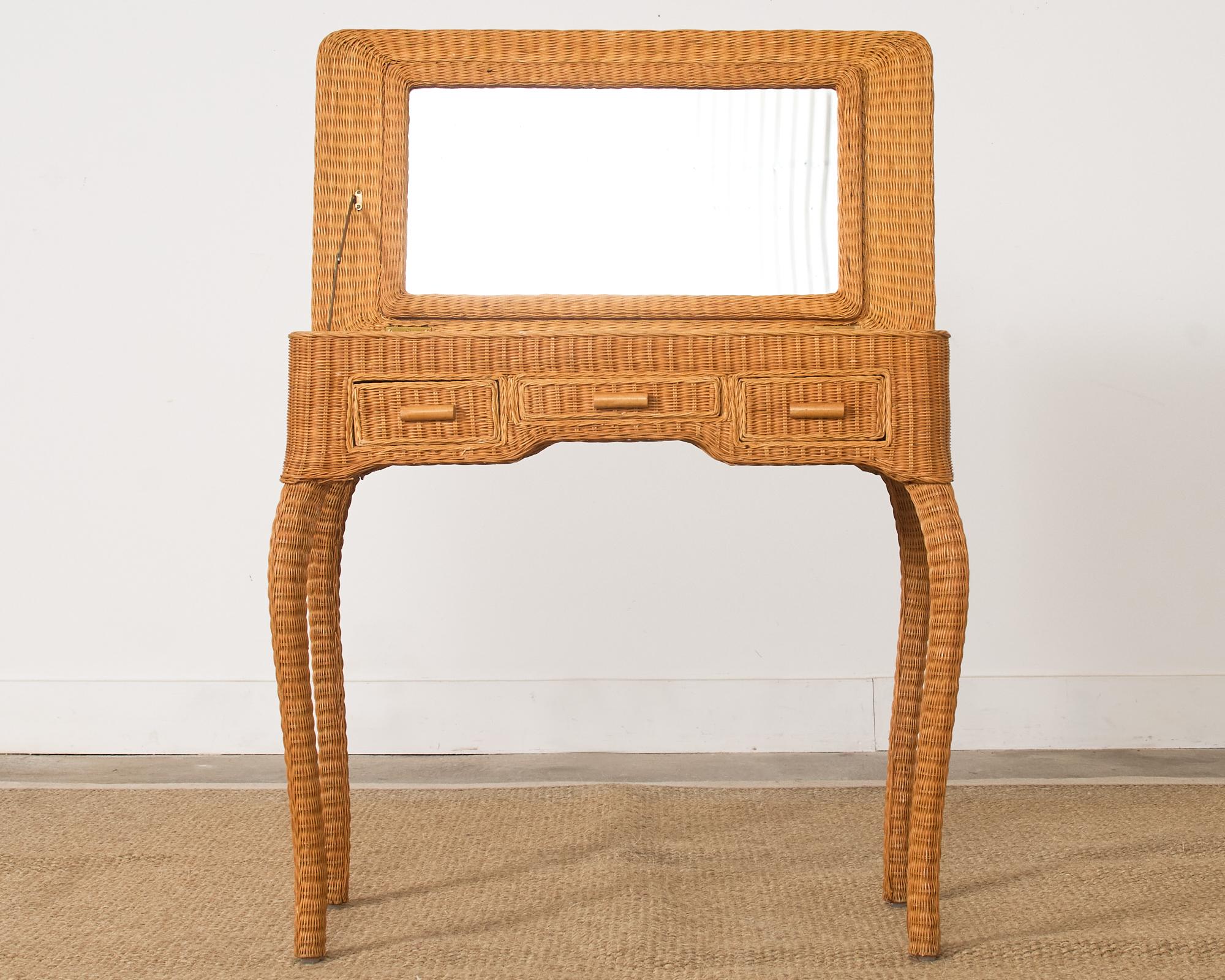 Hand-Crafted French Midcentury Organic Modern Wicker Flip-Top Vanity Desk For Sale