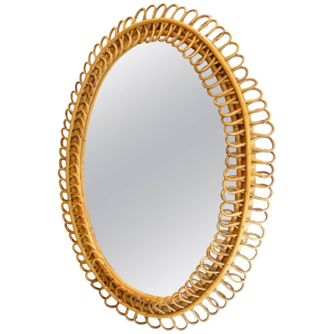 French Midcentury Oval Rattan Wicker Mirror