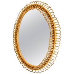 French Midcentury Oval Rattan Wicker Mirror