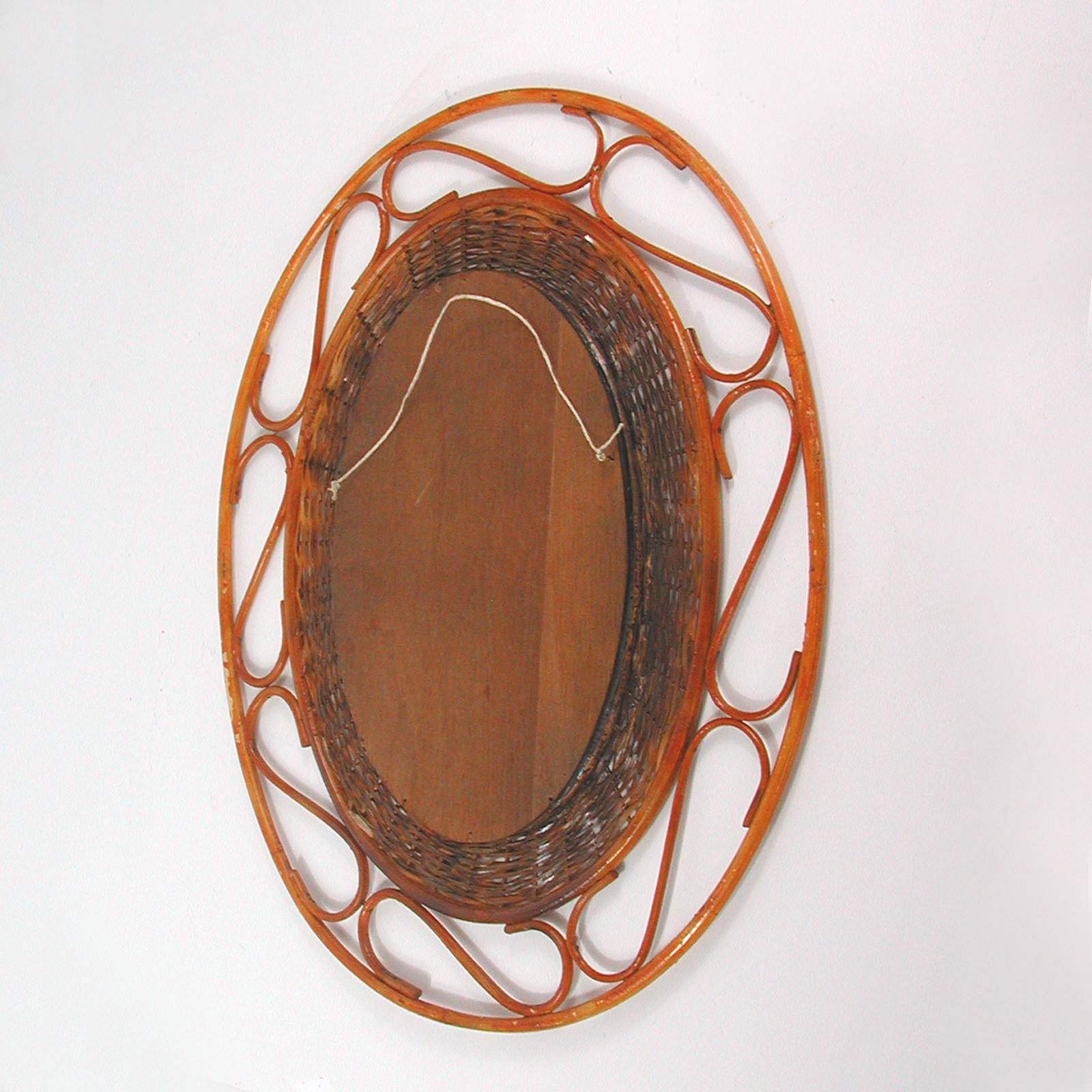 Midcentury Jean Royère Style French Riviera Rattan and Wicker Mirror, 1950s For Sale 5