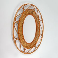 Midcentury Jean Royère Style French Riviera Rattan and Wicker Mirror, 1950s