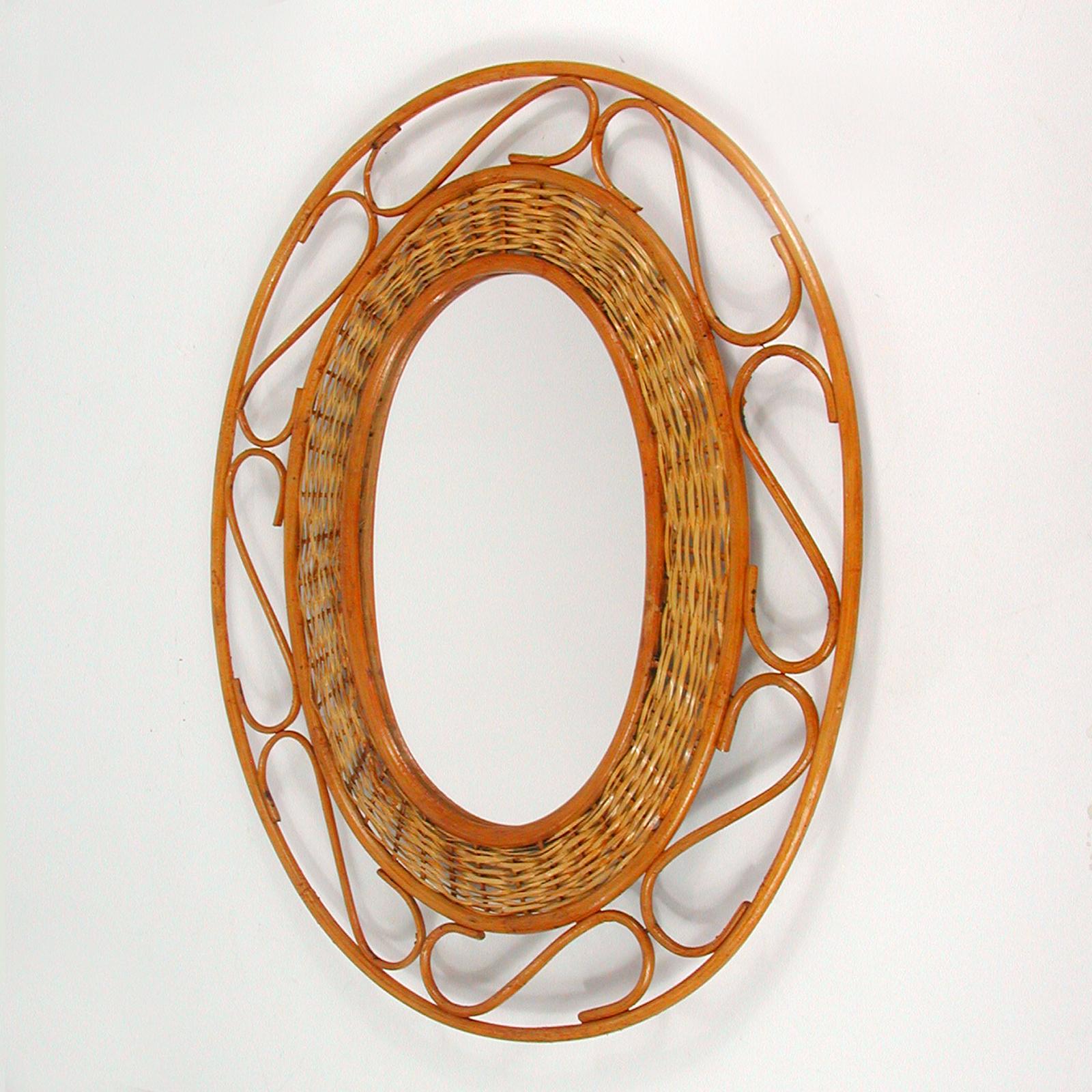 Mid-Century Modern Midcentury Jean Royère Style French Riviera Rattan and Wicker Mirror, 1950s For Sale