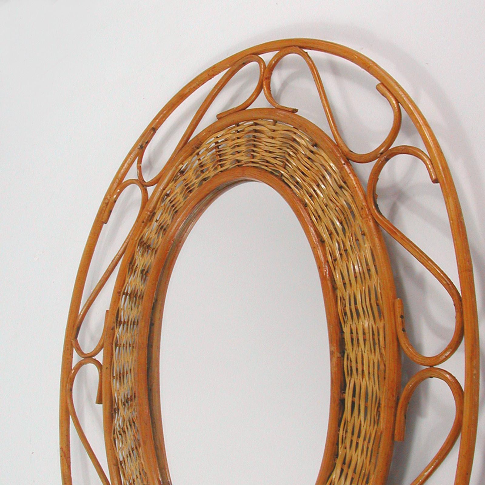 Mid-20th Century Midcentury Jean Royère Style French Riviera Rattan and Wicker Mirror, 1950s For Sale