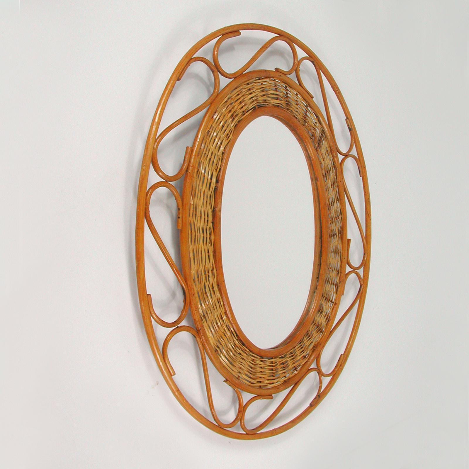 Midcentury Jean Royère Style French Riviera Rattan and Wicker Mirror, 1950s For Sale 1